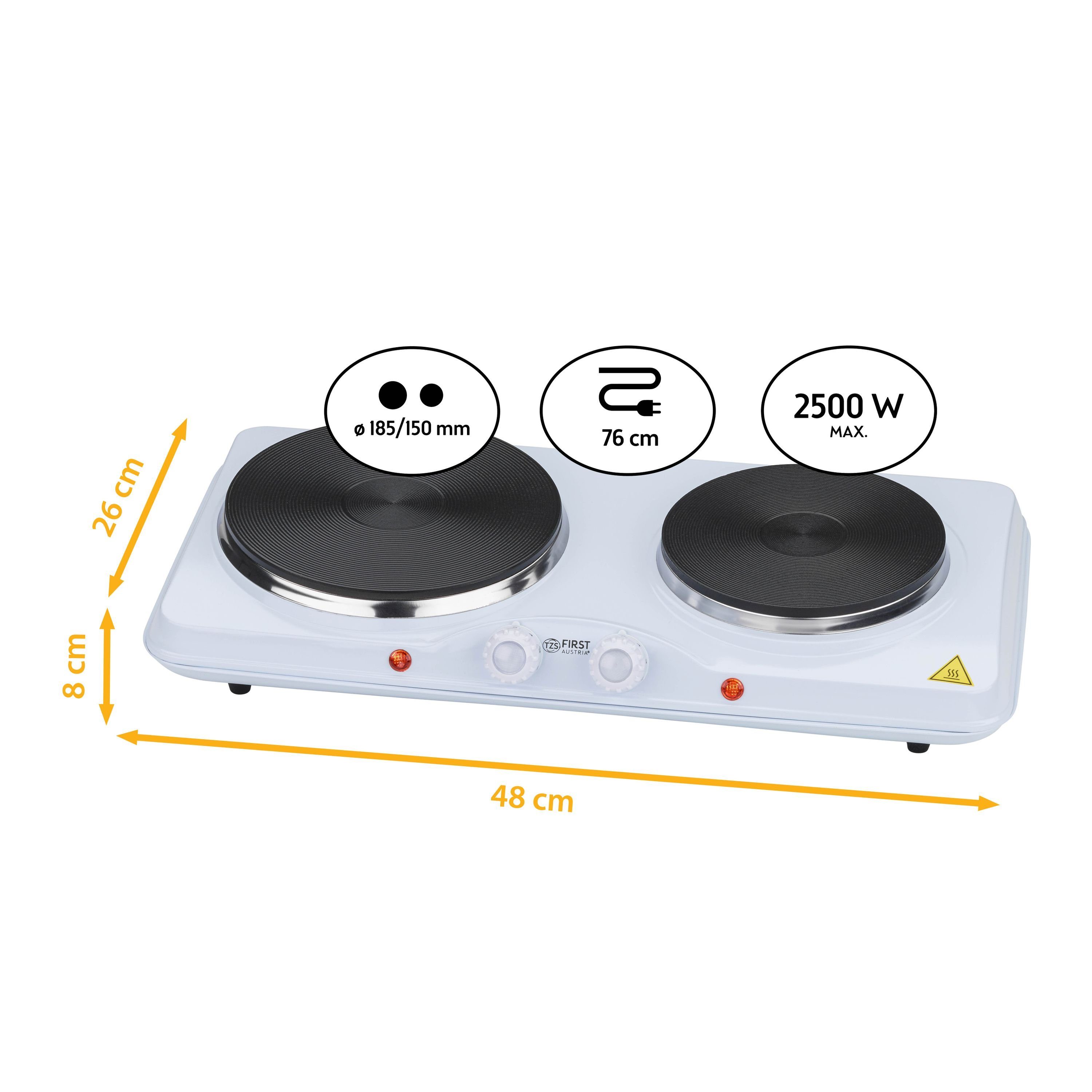 TZS FIRST AUSTRIA Doppelkochplatte Kochplatte 2500W, Gusseisen, Herdplatte für Zuhause, Camping, Reisen, Präzise Temperaturregelung: Thermostate bis 400°C auf beiden Platten.