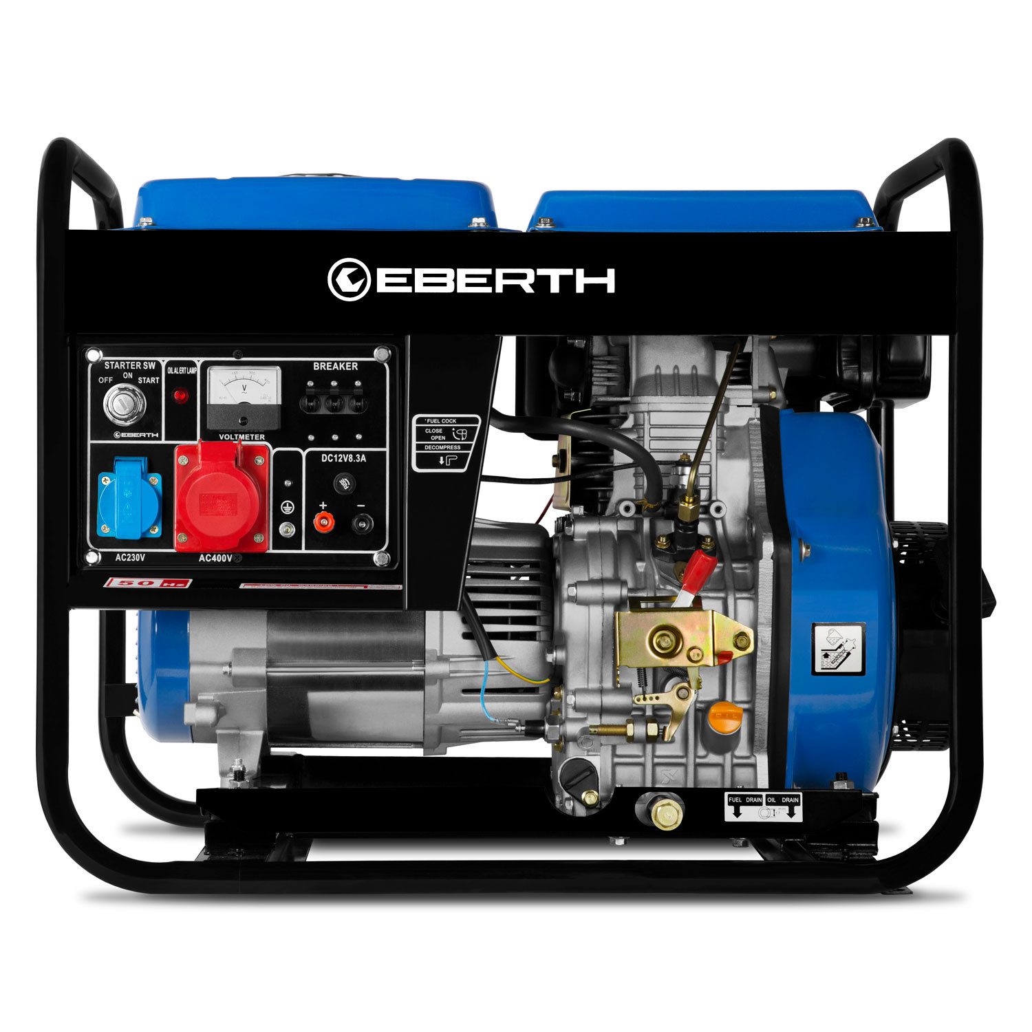 EBERTH 5000 Watt Diesel Generator, 10 HP, 5 kW, 4-stroke, electric starter, 3-phase, 1x 400V, 1x 230V, 1x 12V