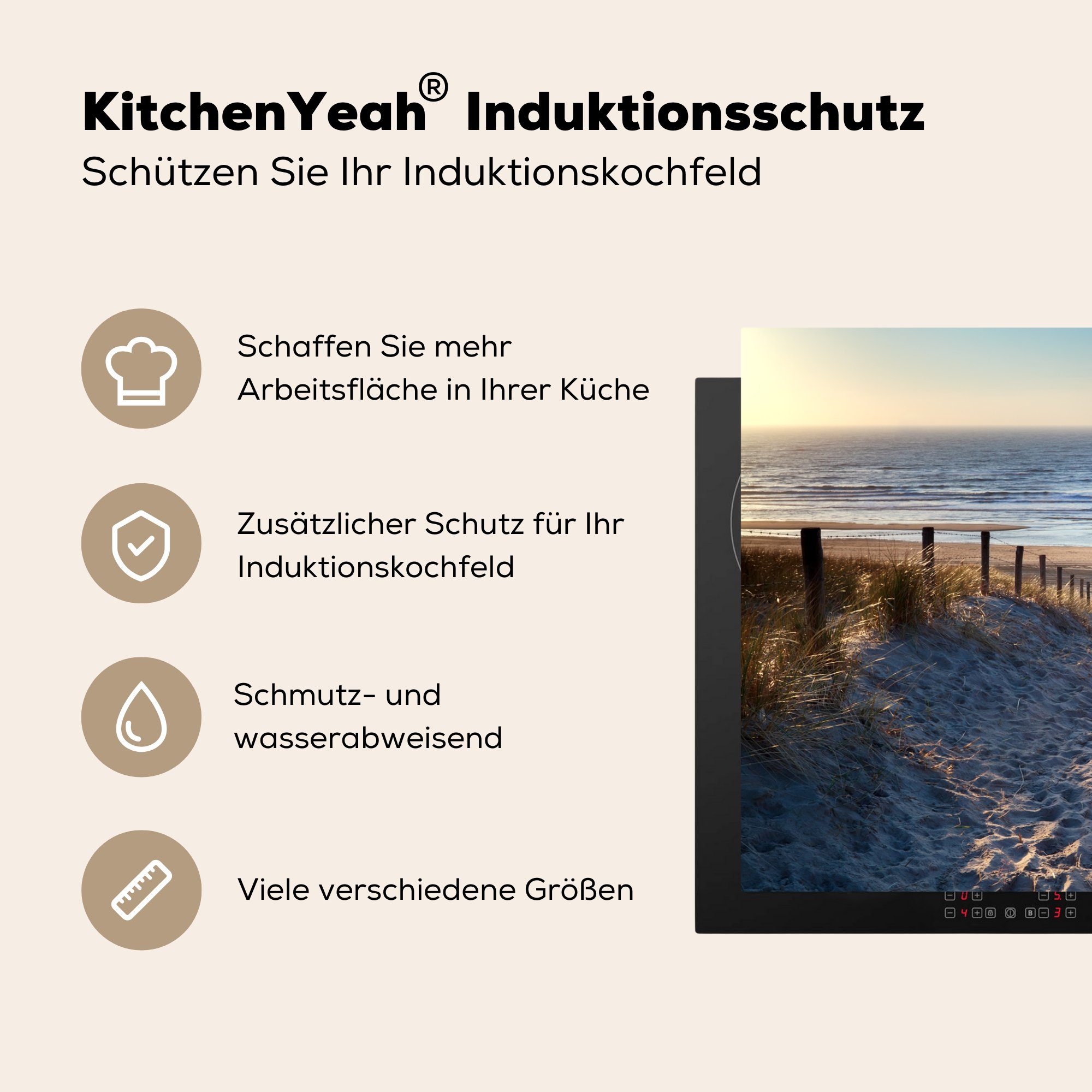 Induktionskochfeld 81x52 Düne Strand die (1 - Herdblende-/Abdeckplatte - Ceranfeldabdeckung Meer Sommer, Schutz tlg), MuchoWow Vinyl, - für Sand küche, - cm,
