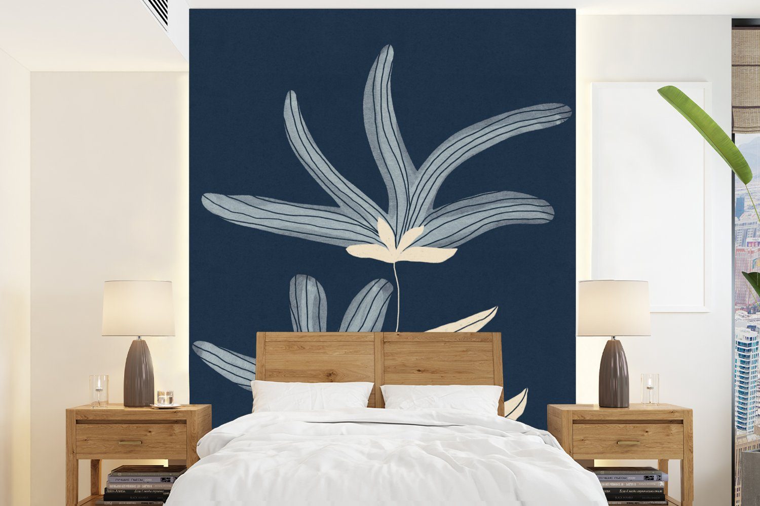 MuchoWow Fototapete Blumen - Pflanzen - Blau - Natur, Matt, bedruckt, (4 St), Montagefertig Vinyl Tapete für Wohnzimmer, Wandtapete