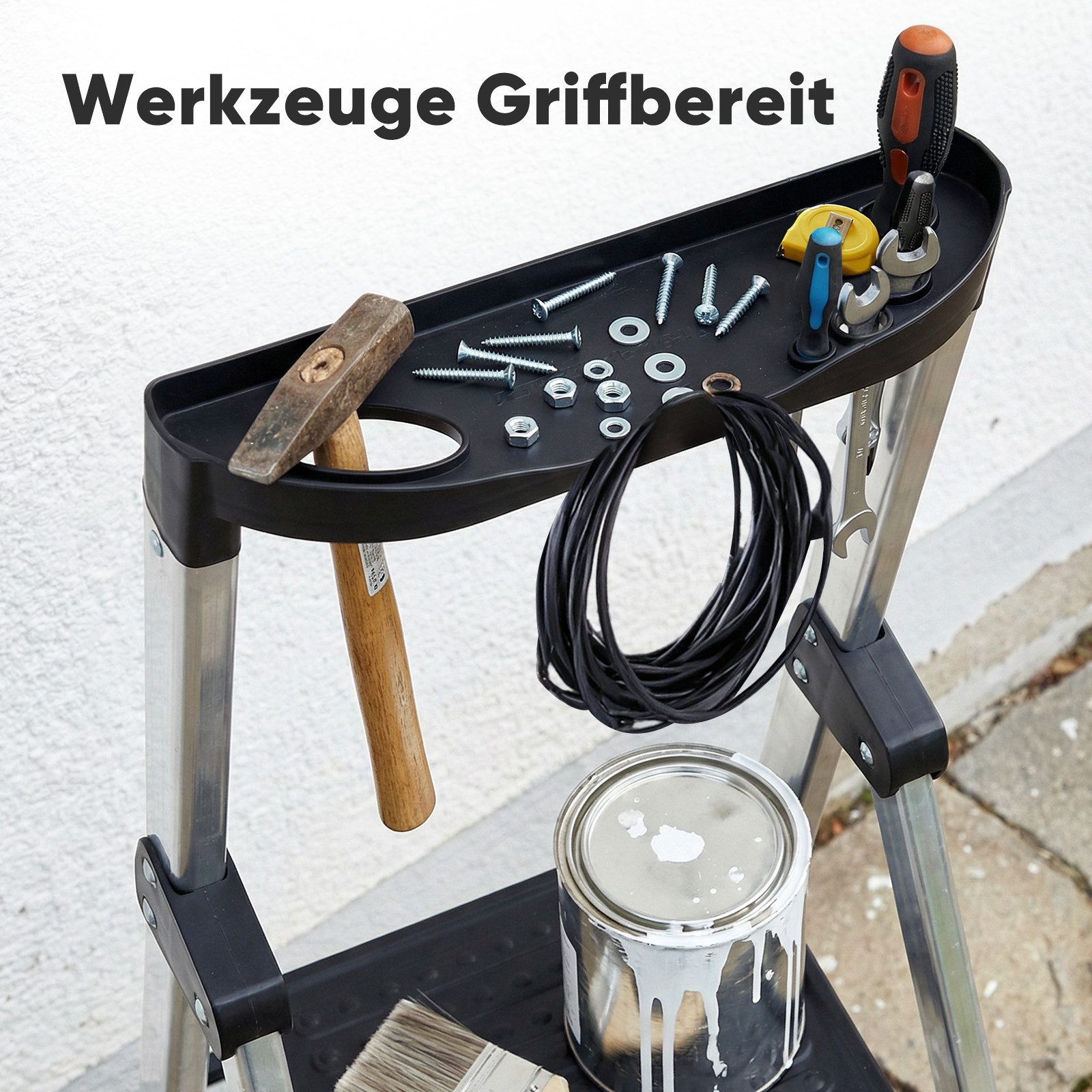 Sekey Trittleiter 4/5 Stufen klappbar, Aluleiter mit 12 cm breiten XXL-Trittstufen, Aluminium Haushaltsleite 5 stufen, mit Werkzeugschale, Klappsicherung