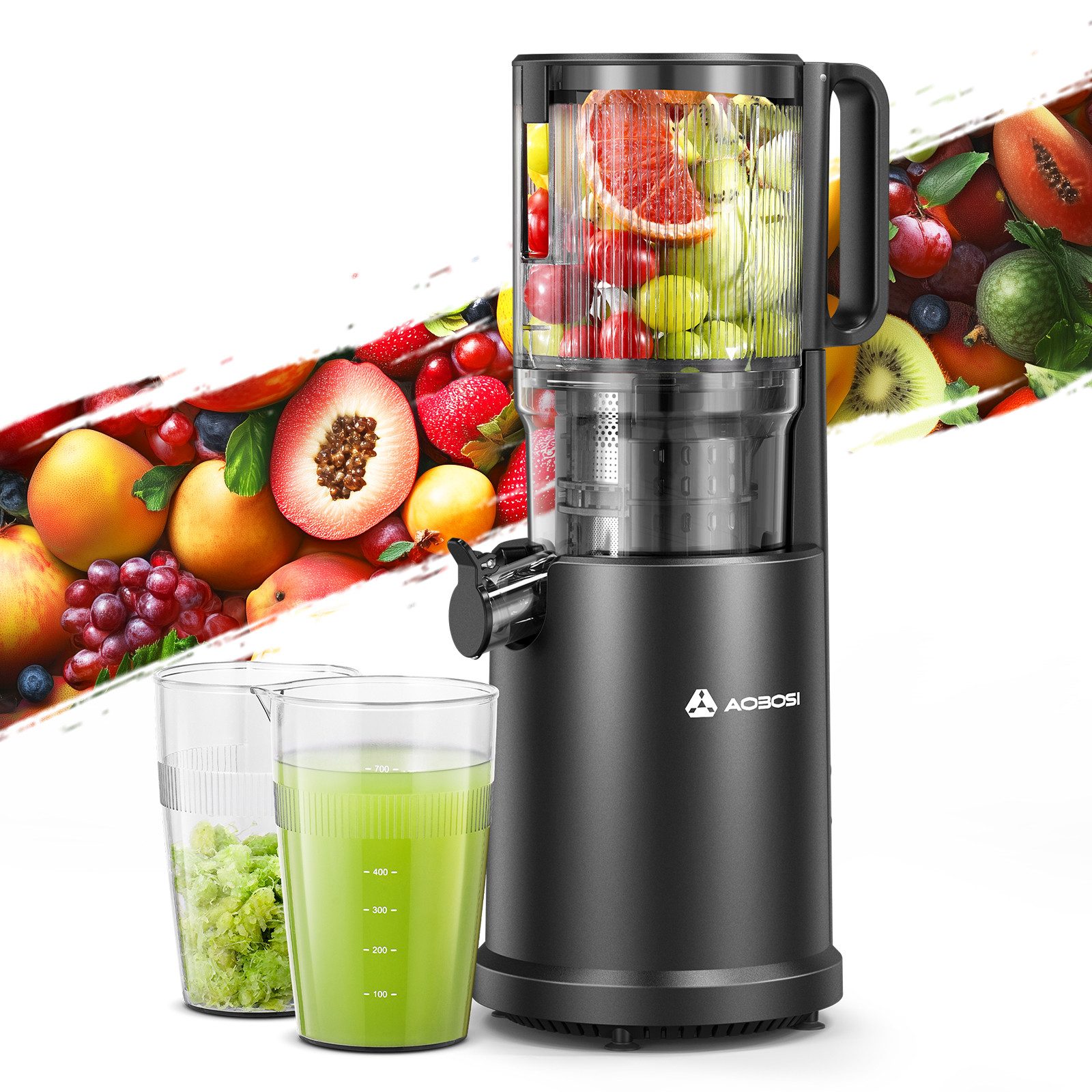 AMZCHEF Slow Juicer CE-ZM19OT07B-BK, 220 W, Slow Juicer mit 126MM Breite und mit 2 Gläsern