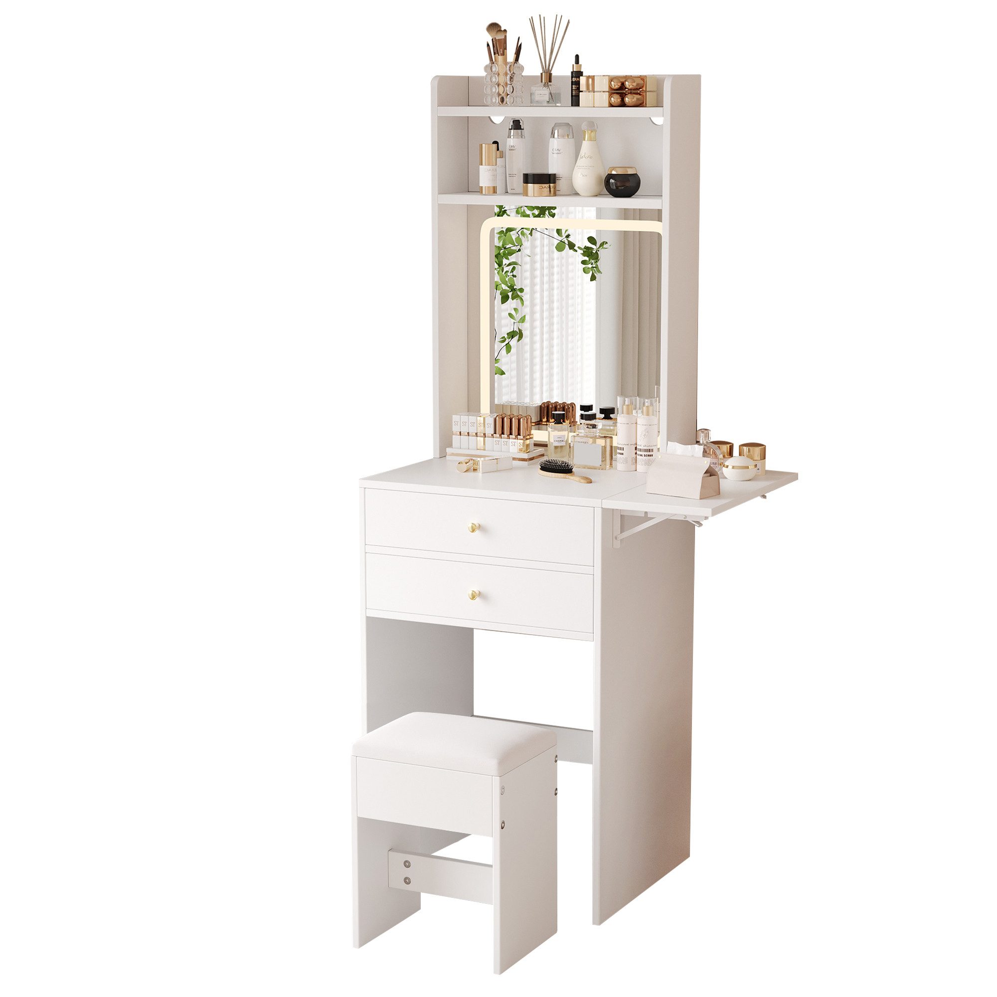 i@home Schminktisch mit verstellbarer LED-Beleuchtung, Weiß, 75*156*45 cm (1 Schminktisch inkl 1 Hocker), mit 2 Schubladen, 2 offenen Fächern und 22cm klappbare Tischplatte