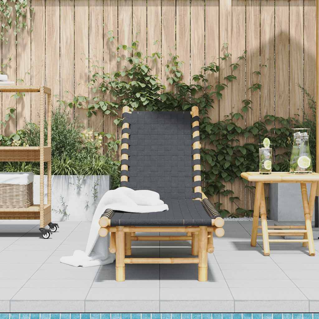 vidaXL Gartenliege Sonnenliege mit schwarzem gewebtem Gurtband 55x200x30 cm Bambus