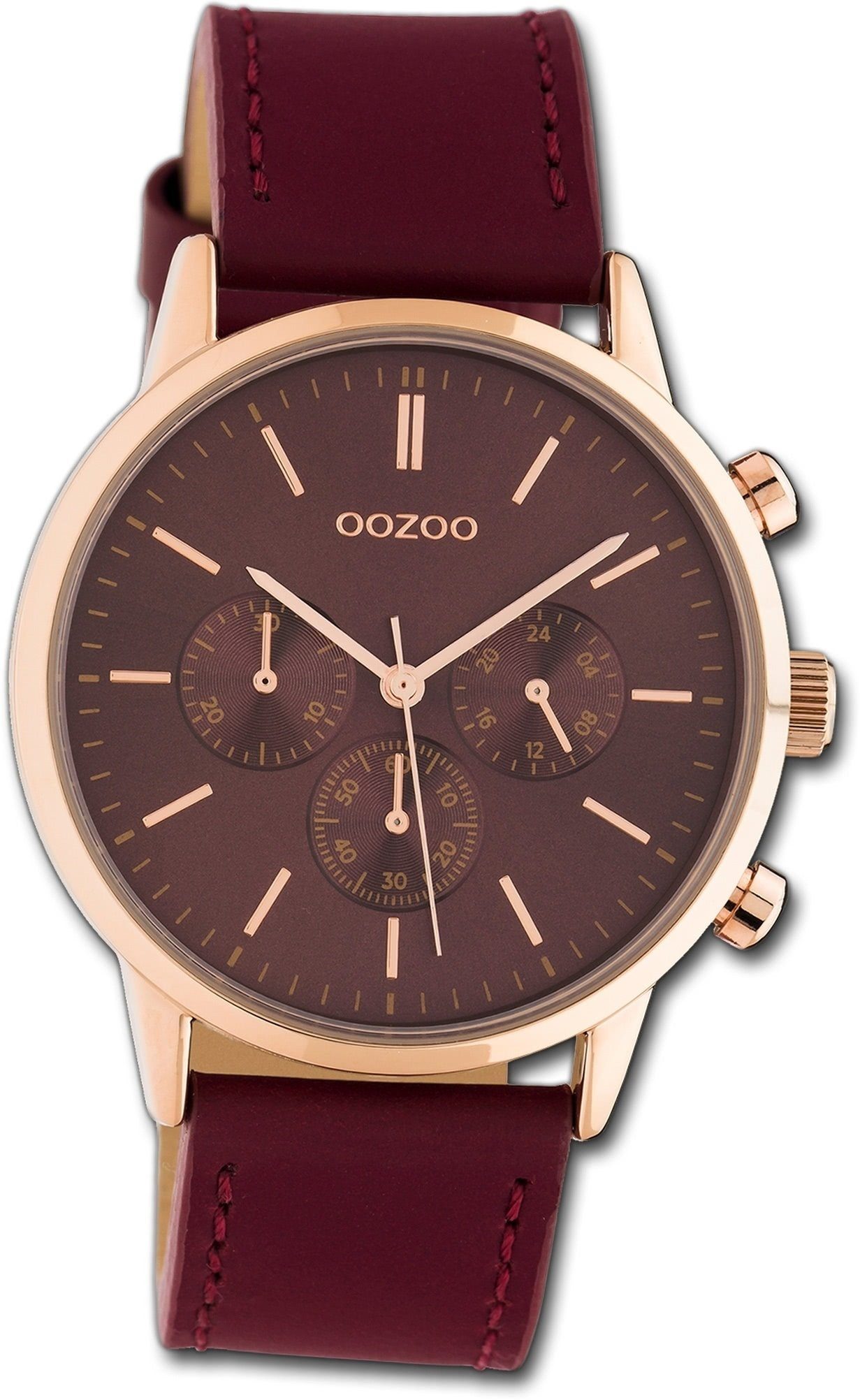 OOZOO Quarzuhr Oozoo Leder Damen Analog, (ca. Lederarmband Uhr groß weinrot, Gehäuse, 40mm) rundes Damenuhr C10599