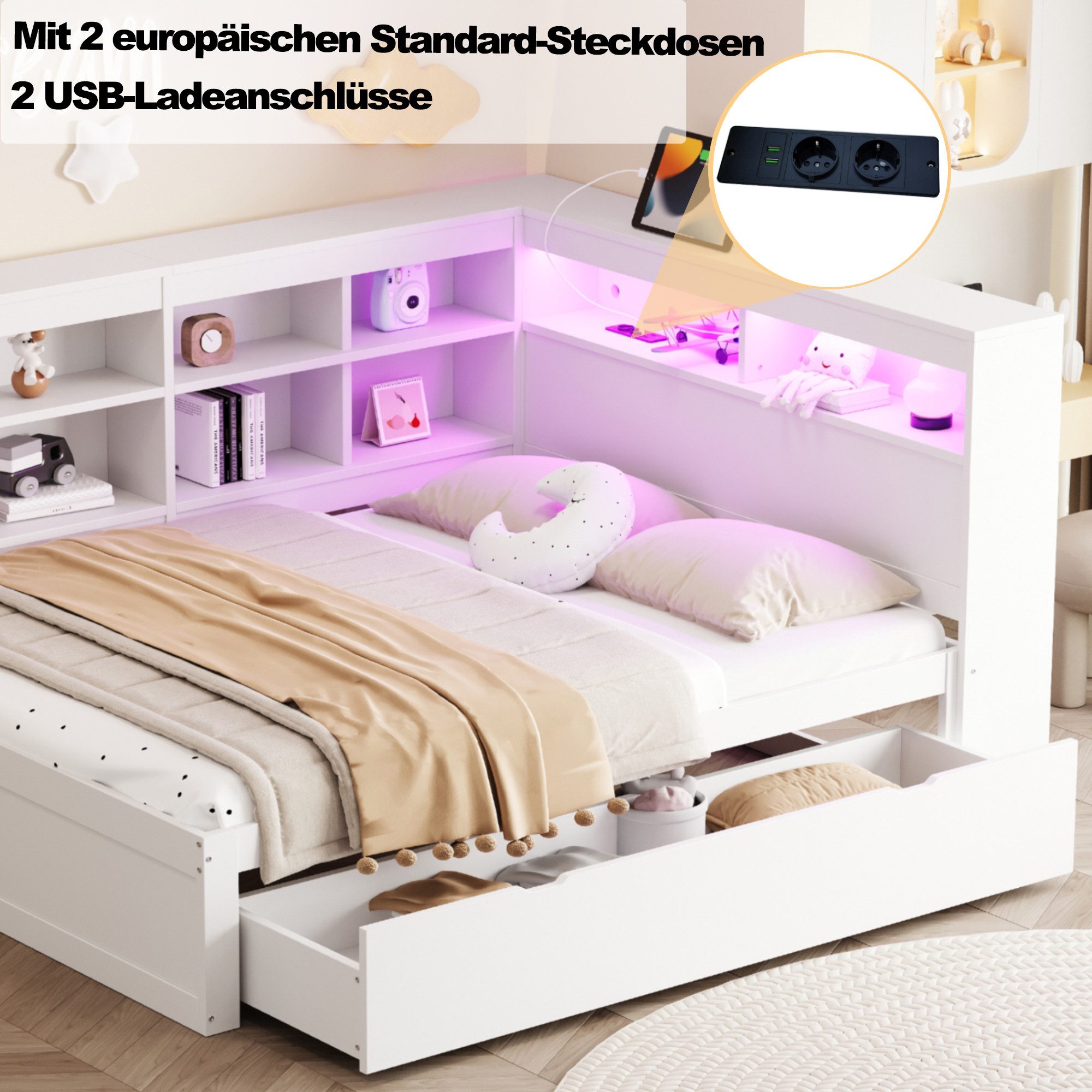 Flieks Massivholzbett, LED Doppelbett 140x200cm mit Stauraum, USB-Aufladen und Schublade – Bild 5 von 5