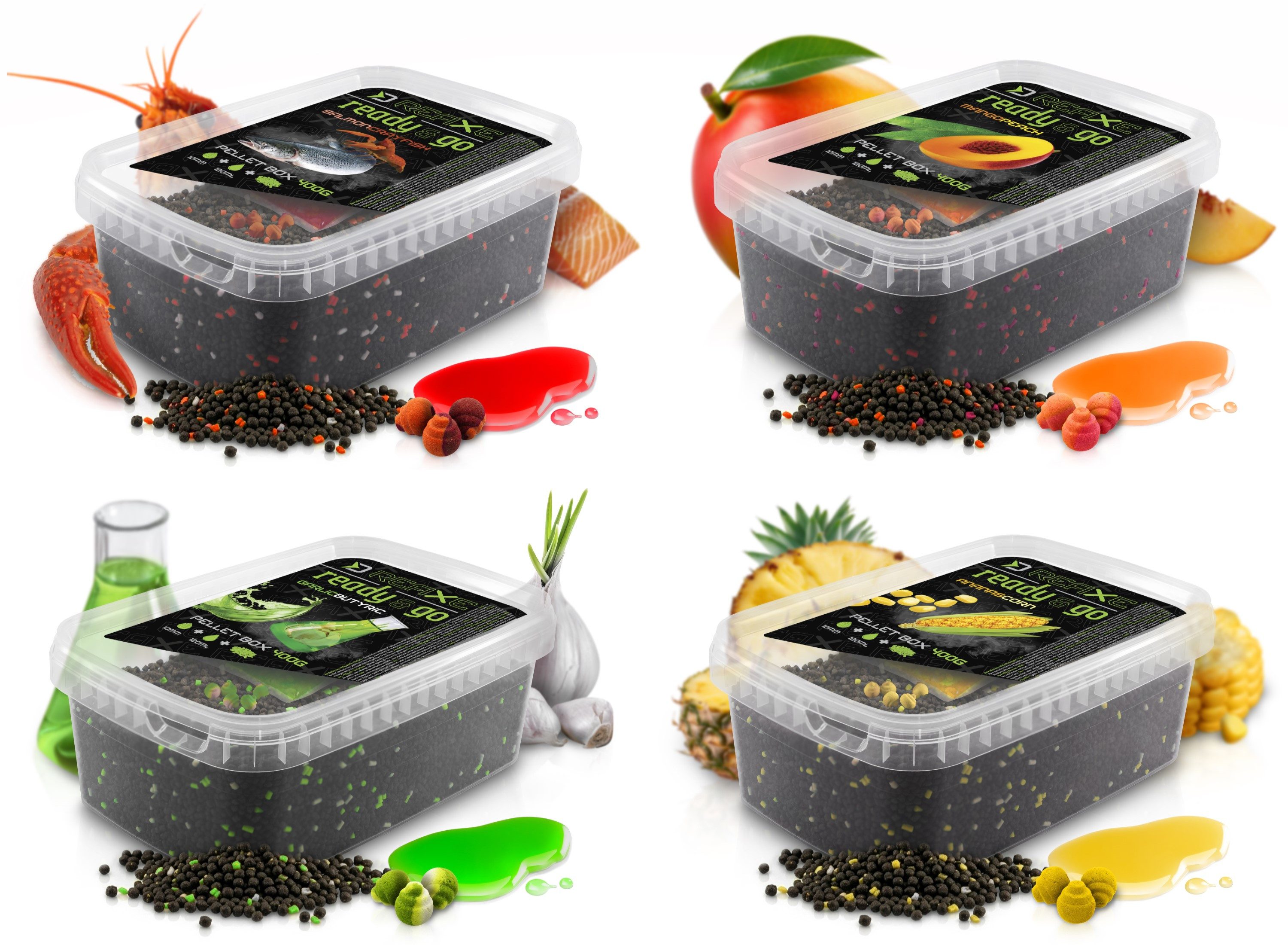 Delphin.sk Fischpellets Pellet Box SET 400g - Lachs Knoblauch Mango Mais - Feeder Karpfen, Starker und durchdringender Geschmack
