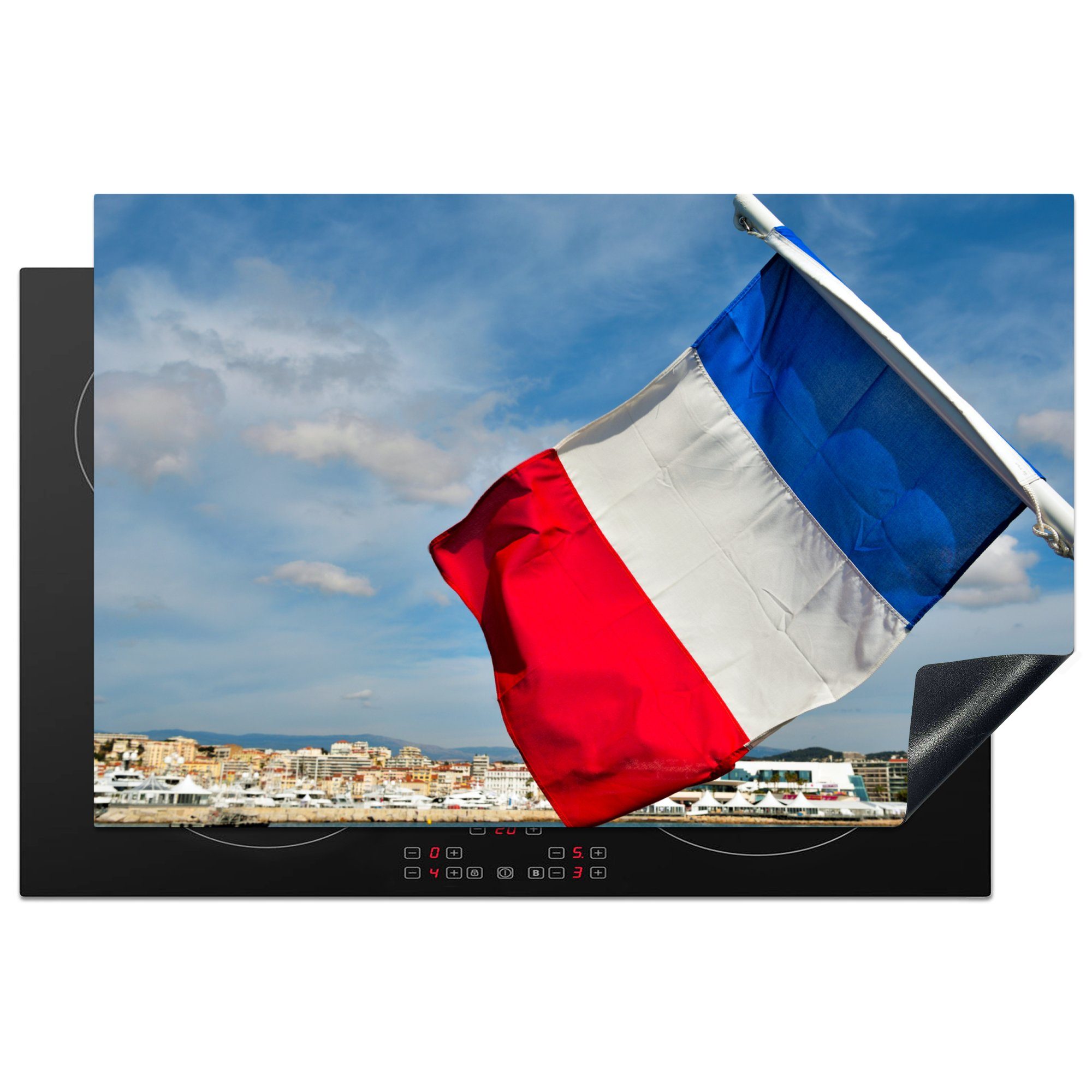 MuchoWow Herdblende-/Abdeckplatte Französische Flagge mit Blick auf Cannes, Vinyl, (1 tlg), 81x52 cm, Induktionskochfeld Schutz für die küche, Ceranfeldabdeckung