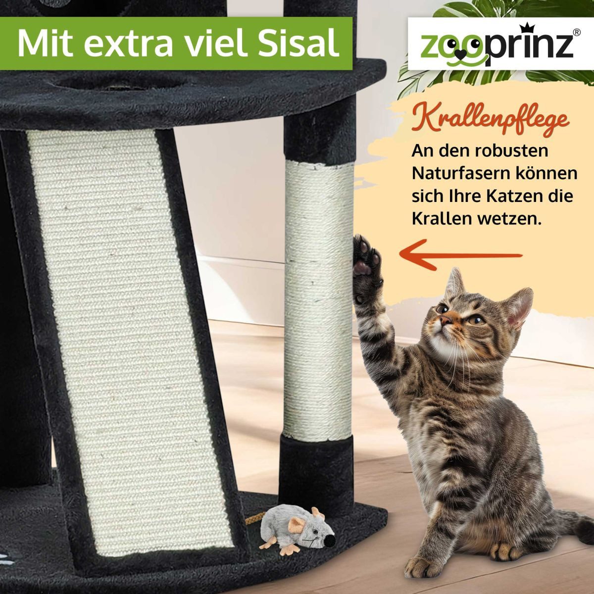 Zooprinz Kratzbaum Katzenbaum Kletterbaum Lola XXL Sisal mit Plüschmaus Grau, Bodenplatte, Anti-Kipp-Sicherung, Rampe, Höhle, Liegefläche, Bälle