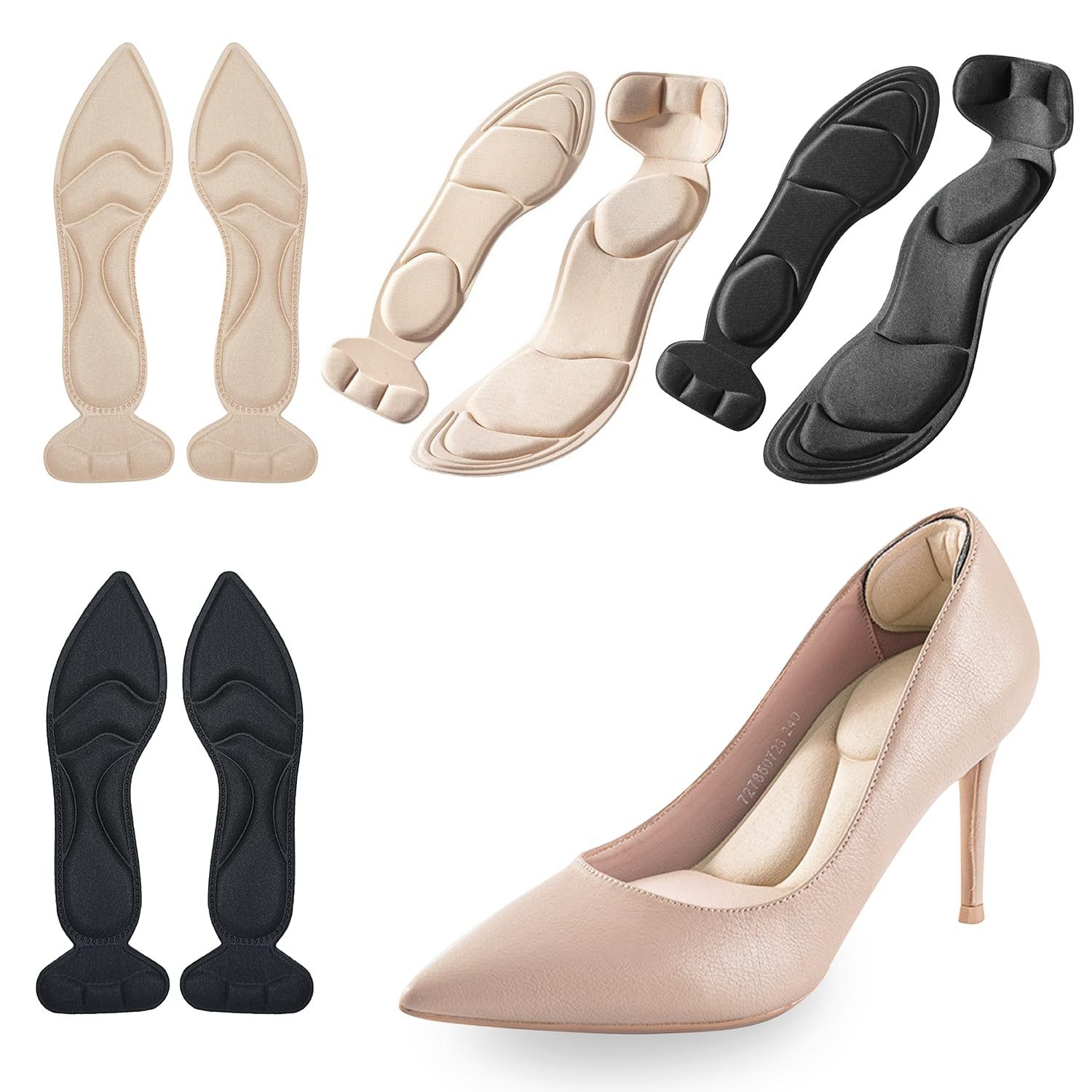 FOUORTUNATE-BEE Einlegesohlen 4 Paar Einlagen Schuhe Damen, Schuheinlagen für High Heels (Einlegesohlen Damen High Heels Selbstklebende, Rutschfeste und Selbstklebende), Einlegesohlen mit Fersenschutz