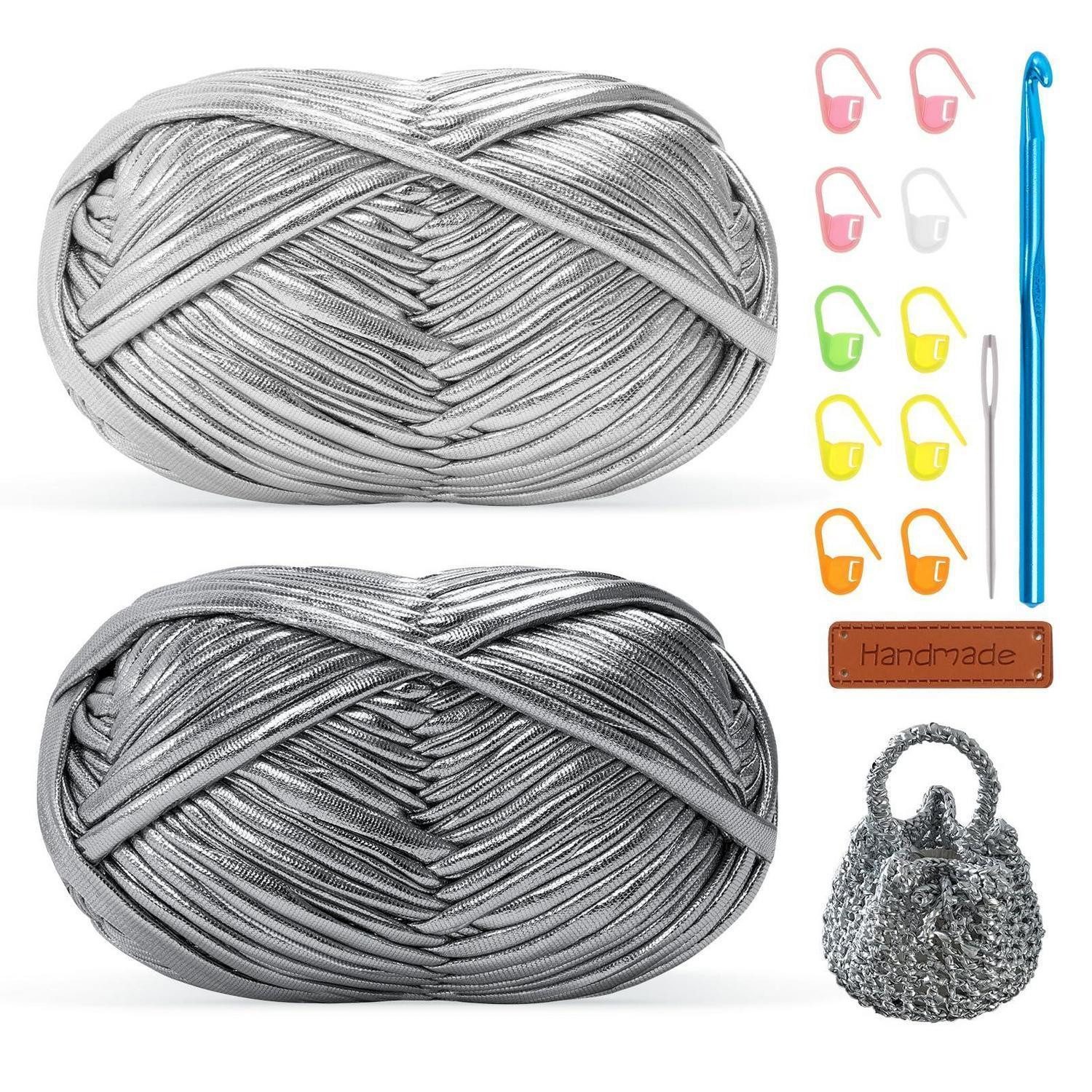 LuxusKollektion T-Shirt Garn Set 2x100g mit 7mm Häkelnadel Silber/Grau Effektgarn