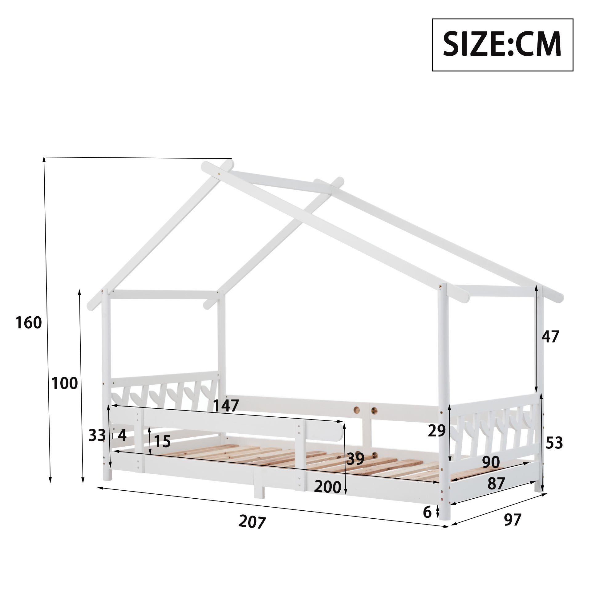 Kinderbett Rausfallschutz für Einzelbett SPLOE Ohne Weiß Kinderbett Gitter HAUSS 200x90cm, und (Mit Matratze Lattenrost), Kinder Holzbett Hausbett Jugendliche Bettrahmen und mit