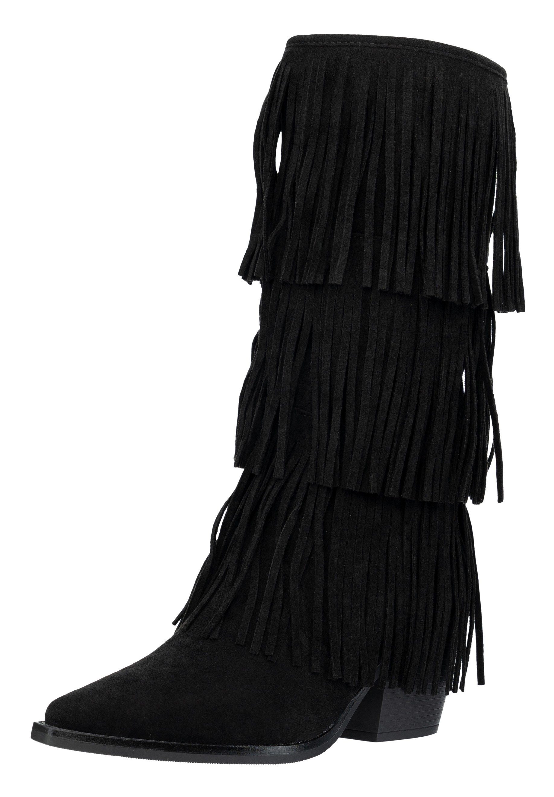 Salinyang Damen Westernstiefel mit Fransen, Blockabsatz und Reißverschluss Cowboystiefel
