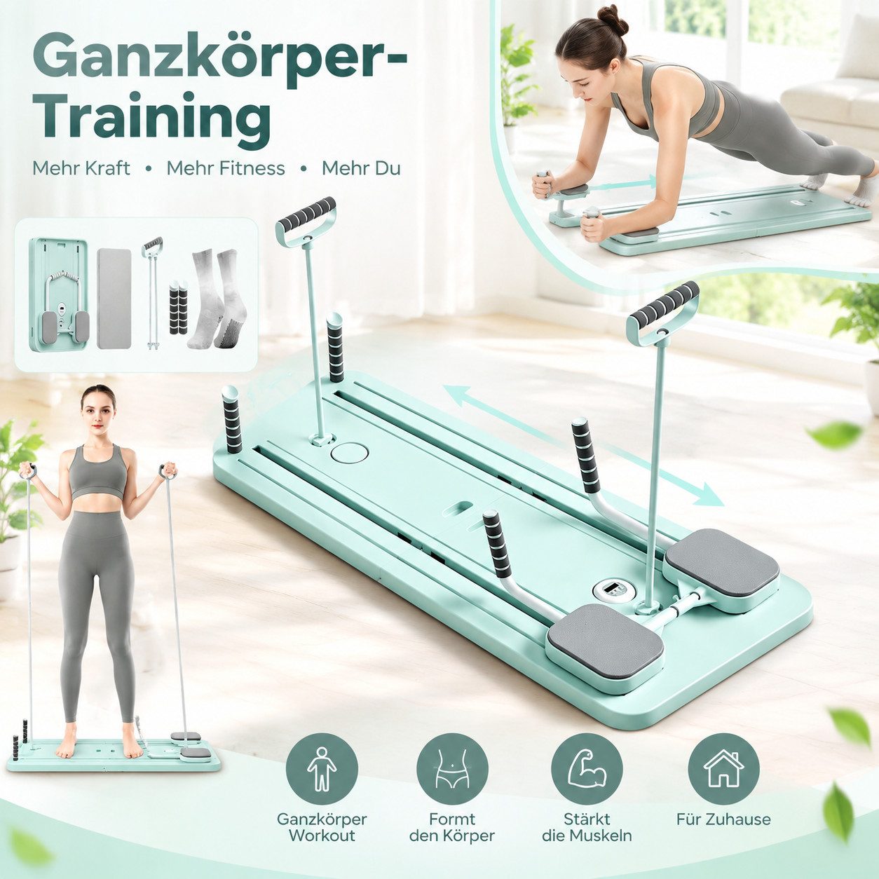 BAYMATE Pilates-Reformer Pilates Trainer, Push-Up-Bauchmuskel-Roller, (6-tlg., mit Timer, 6-in-1, mit kostenlosen Geschenk 1 Paar Socken), multifunktionales Bauchmuskelbrett für Zuhause und im Fitnessstudio
