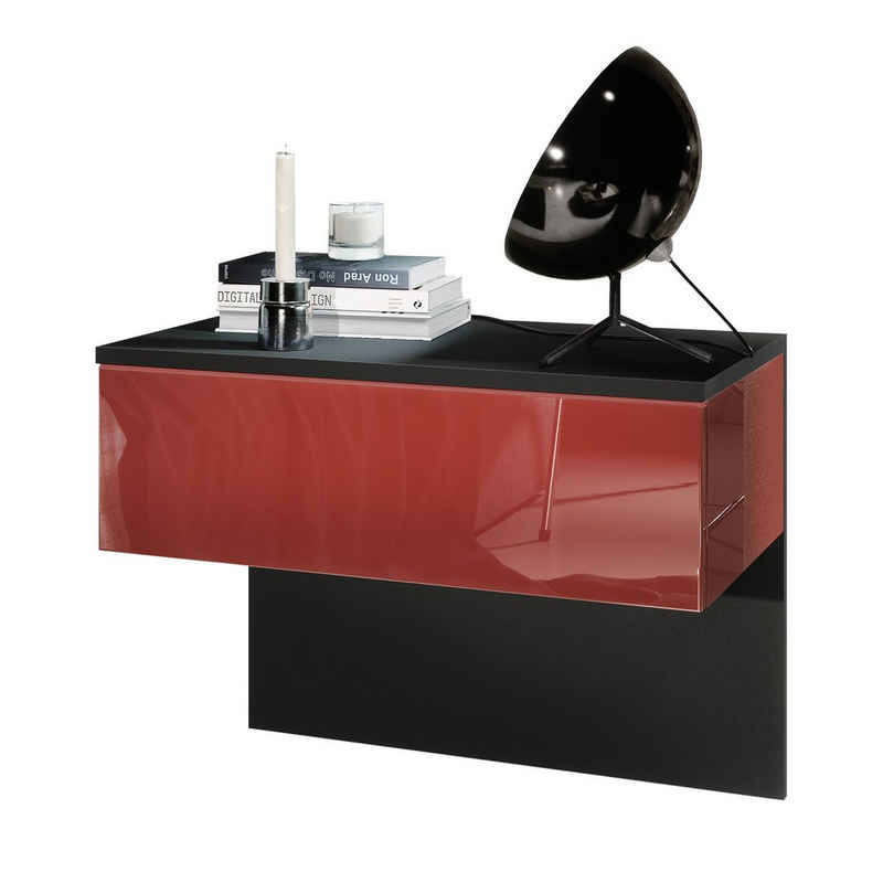 Vladon Nachttisch Sleep (Nachttischschrank, mit Schublade zur Wandmontage), Schwarz matt/Bordeaux Hochglanz (60 x 46 x 35 cm)