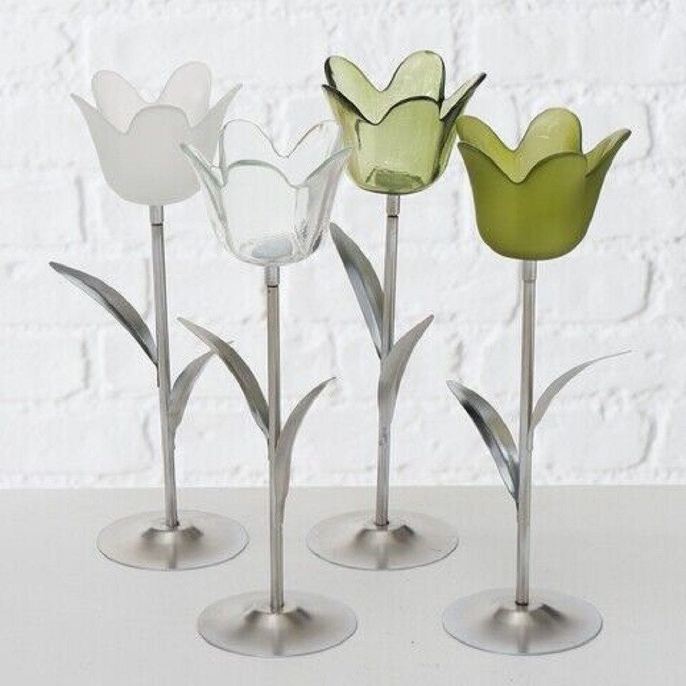 BOLTZE GRUPPE GmbH Teelichthalter Teelichthalter Tulpe Eisen Glas Tulpen grün oder weiß H.24 cm 2er Set