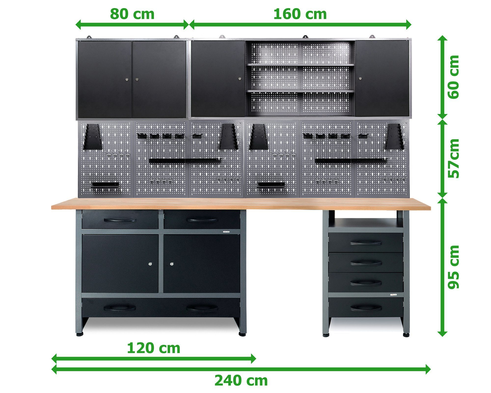 Werkzeugschrank 240cm cm ONDIS24 Lochwand Arbeitshöhe 95 Metall Promo Haken, Werkbank Werkstatt-Set