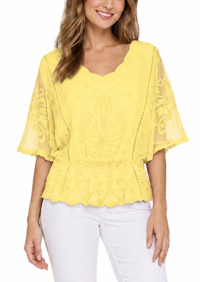 dy_mode Spitzenbluse Damen Sommerbluse mit Spitze Kurzarm Oberteil Einfarbig Transparent in Unifarbe, transparenten Ärmel