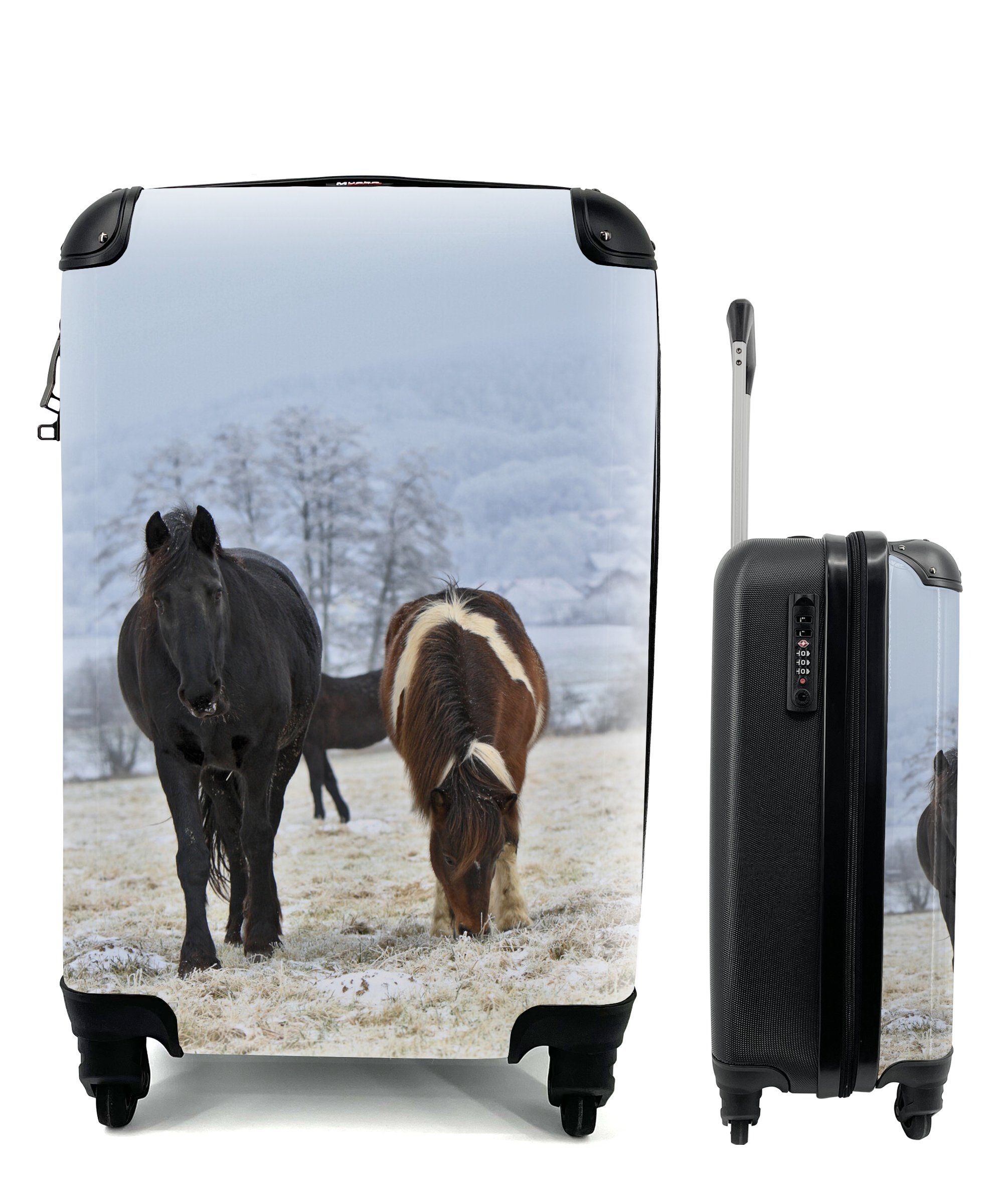 MuchoWow Handgepäckkoffer Pferde - Schnee - Weiß, 4 Rollen, Reisetasche mit rollen, Handgepäck für Ferien, Trolley, Reisekoffer