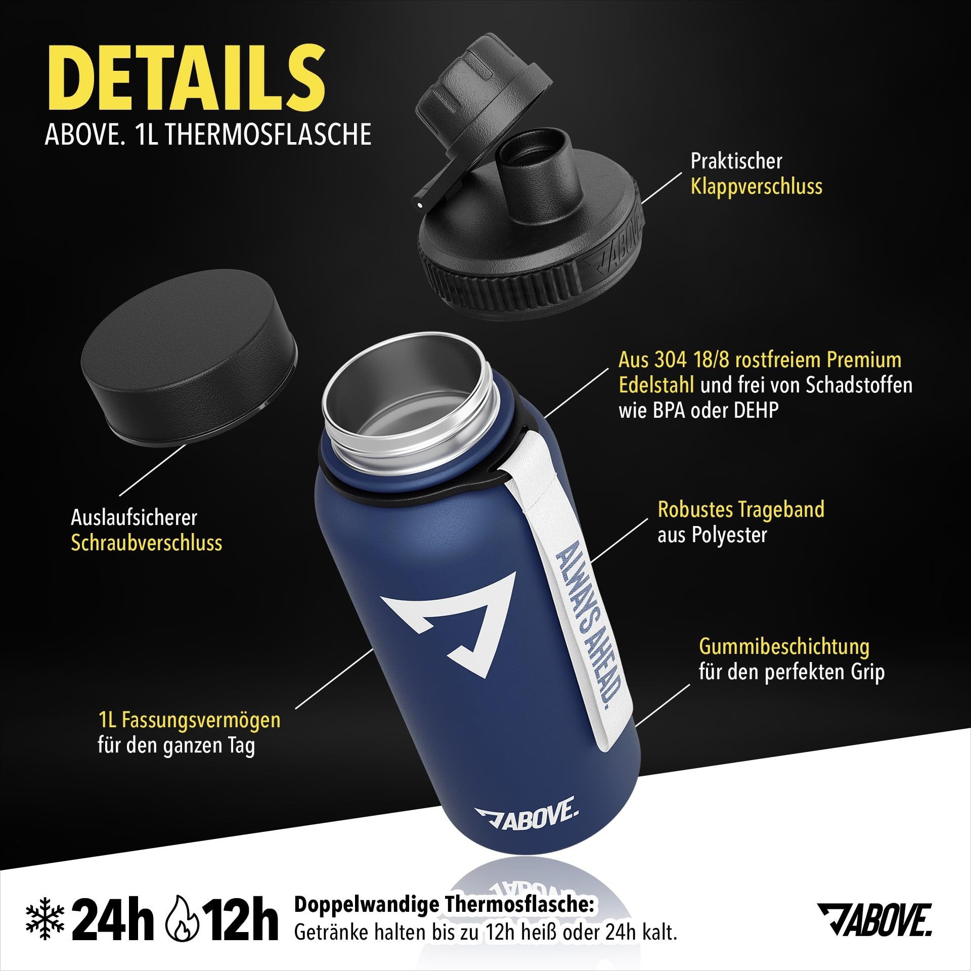 ABOVE. Trinkflasche Edelstahl 1L, Gratis Trinkverschluss, BPA-frei, 12H heiß, 24H kalt, Isolierflasche 1 Liter auslaufsicher & robust Fitness, Sport & Outdoor