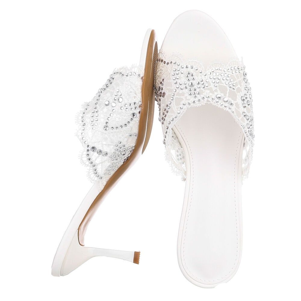 Ital-Design Damen Festliche Pantoletten mit Spitze und Pfennigabsatz für Events Pantolette (91895672) Pfennig-/Stilettoabsatz Sandalen & Sandaletten in Weiß