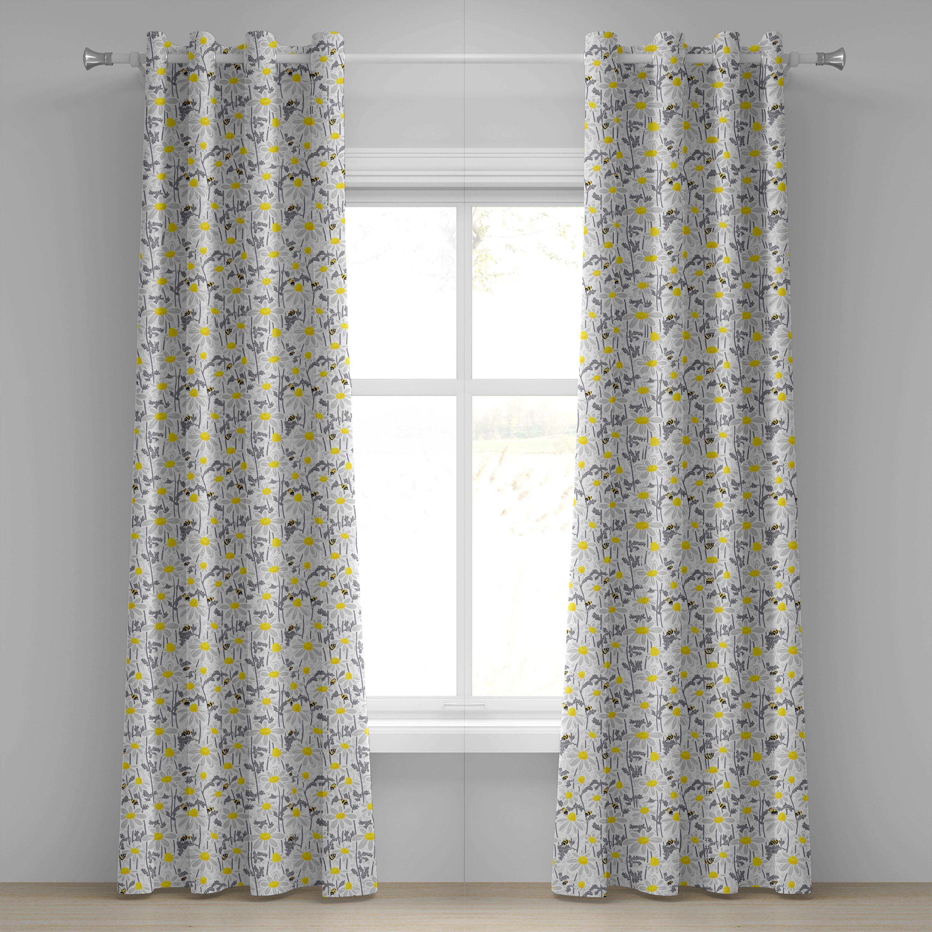 Gardine Dekorative 2-Panel-Fenstervorhänge für Schlafzimmer Wohnzimmer, Abakuhaus, Blumen Daisy Blatt Spring Time | Fertiggardinen