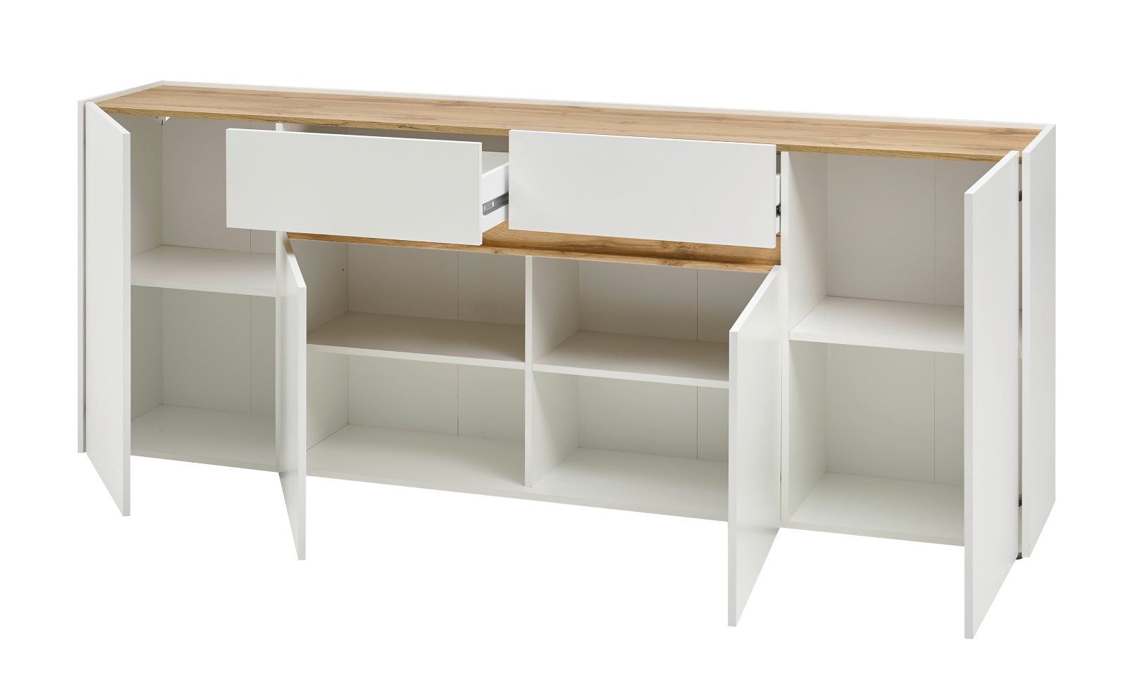 Furn.Design Sideboard Center (Anrichte in weiß mit Wotan Eiche, 220 x 87 cm), 4-türig 2 Schubladen. € 444,49