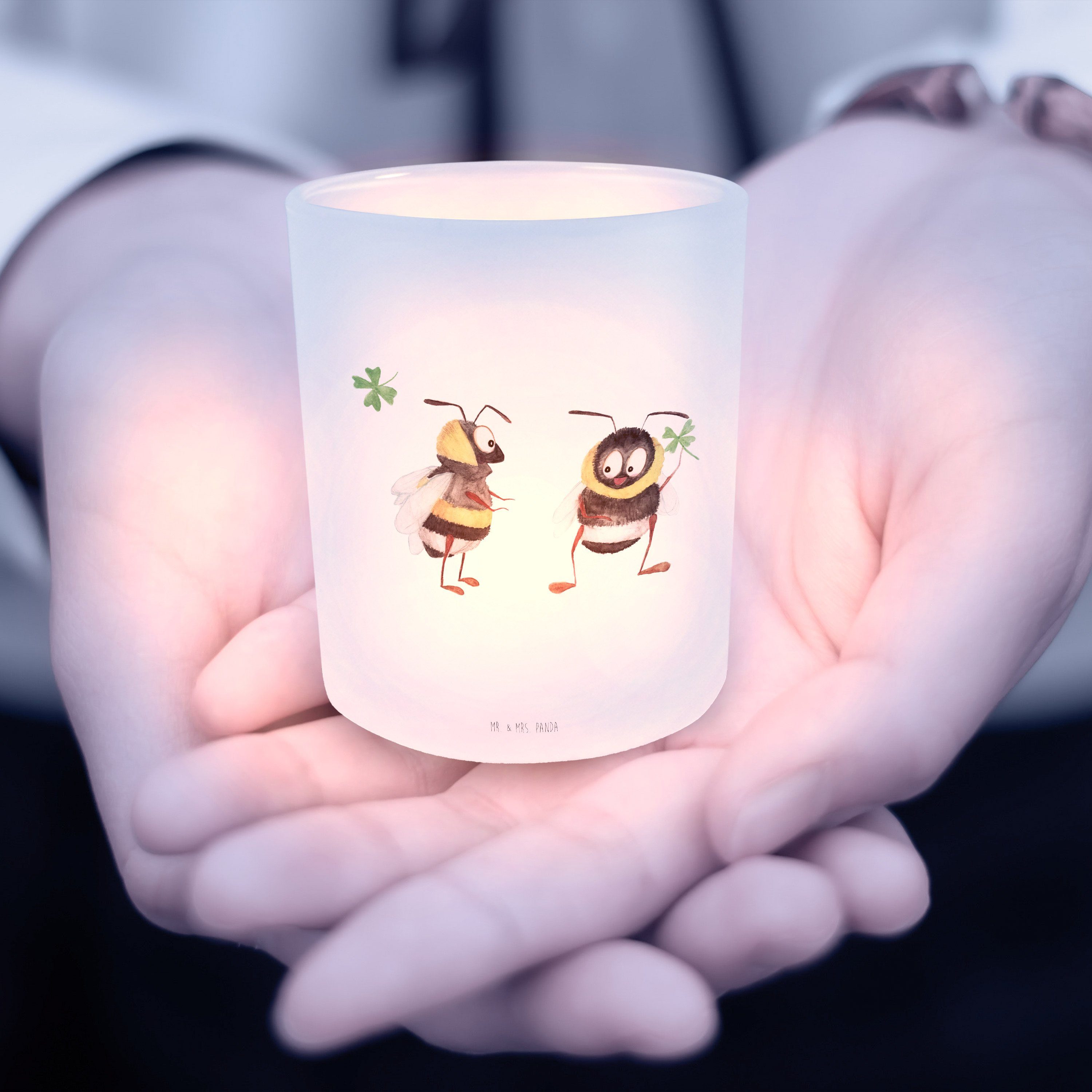 Mrs. Transparent & (1 - Kerzenlicht, Mr. - Tiermoti Geschenk, St) Panda Kleeblatt Hummeln Windlicht mit