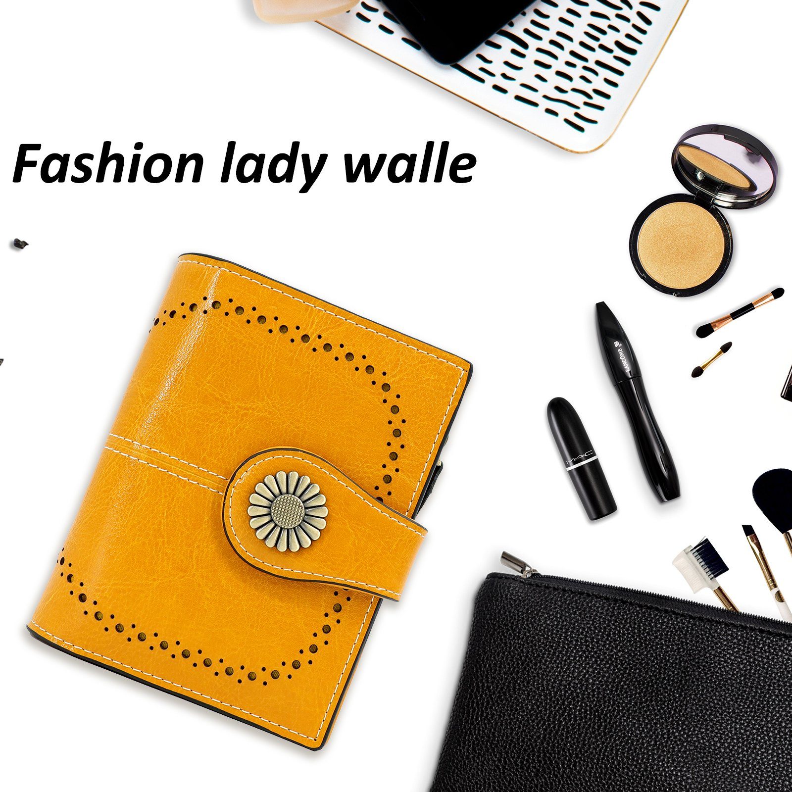 Elegante Druckknopf Brieftasche RFID Damen, Mango Damen Fächer und Portemonnaie mit mit Schutz,Geldbeutel Reißverschluss TAN.TOMI viele mit