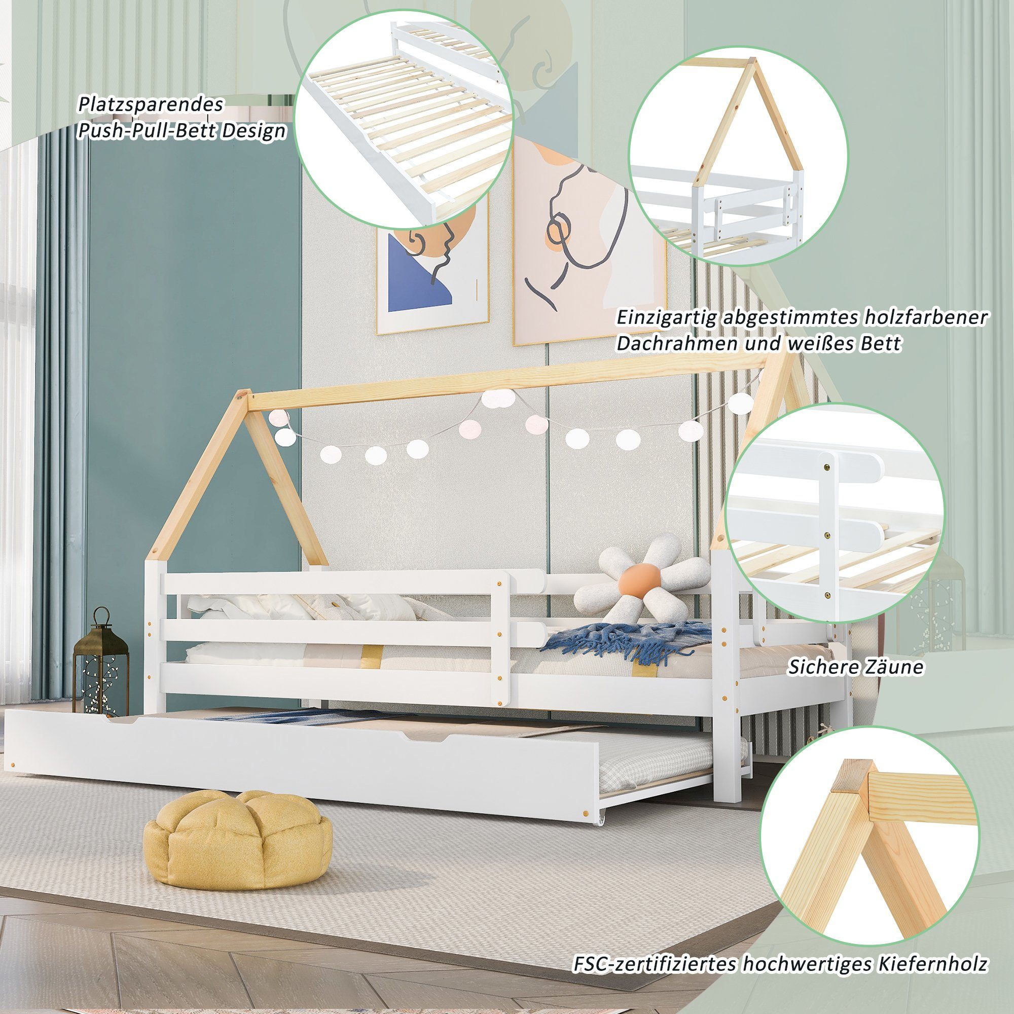 REDOM Bett Kinderbett, Ausziehbett Schiebebett (mit ausziehbarem Schiebebett, naturfarbener Dachstuhl, mit Rollen, 90x200 & 90x190 cm), Ohne Matratze