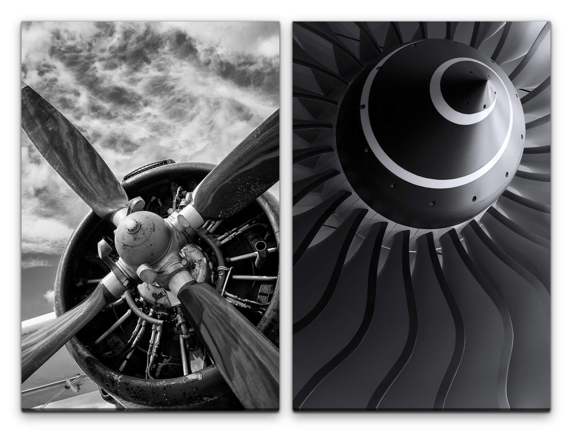 Sinus Art Leinwandbild 2 Bilder je 60x90cm Propeller Turbine Flugzeug Fliegen Schwarz Weiß Technik Mechanik