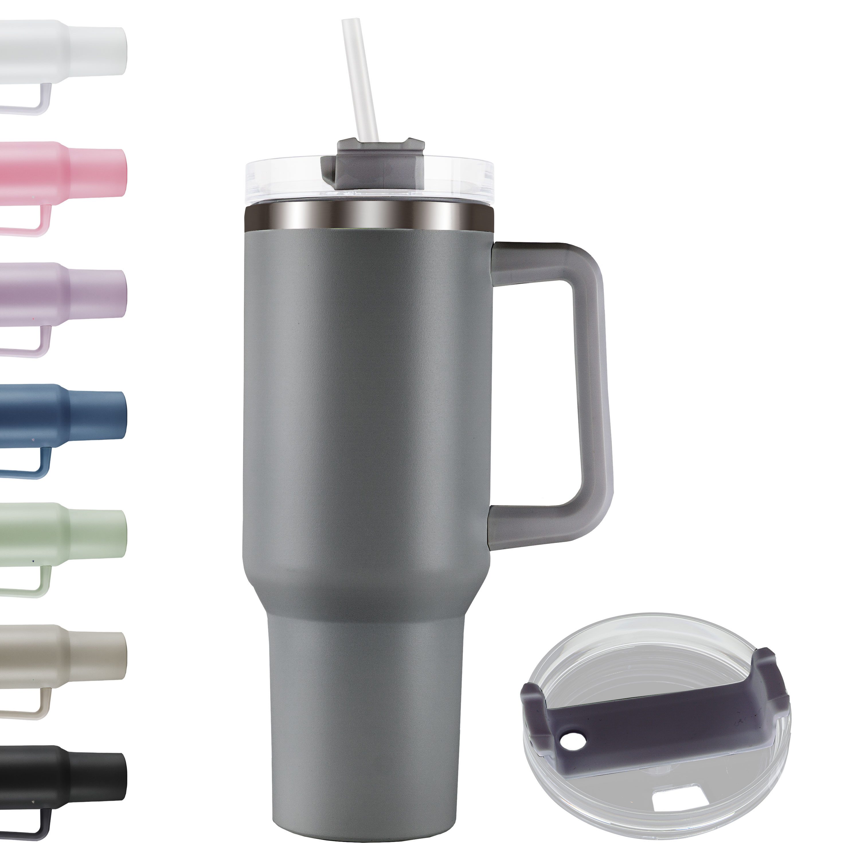 Roomando Thermobecher Becher mit Henkel Strohhalm Edelstahl Autobecher Kaffeebecher grau