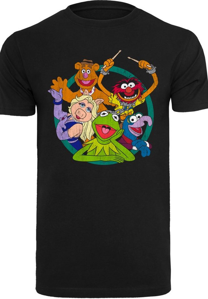 Hals Circle Rippbündchen Disney Die am Doppelnähte Group Saum Print, T-Shirt und am Muppets F4NT4STIC