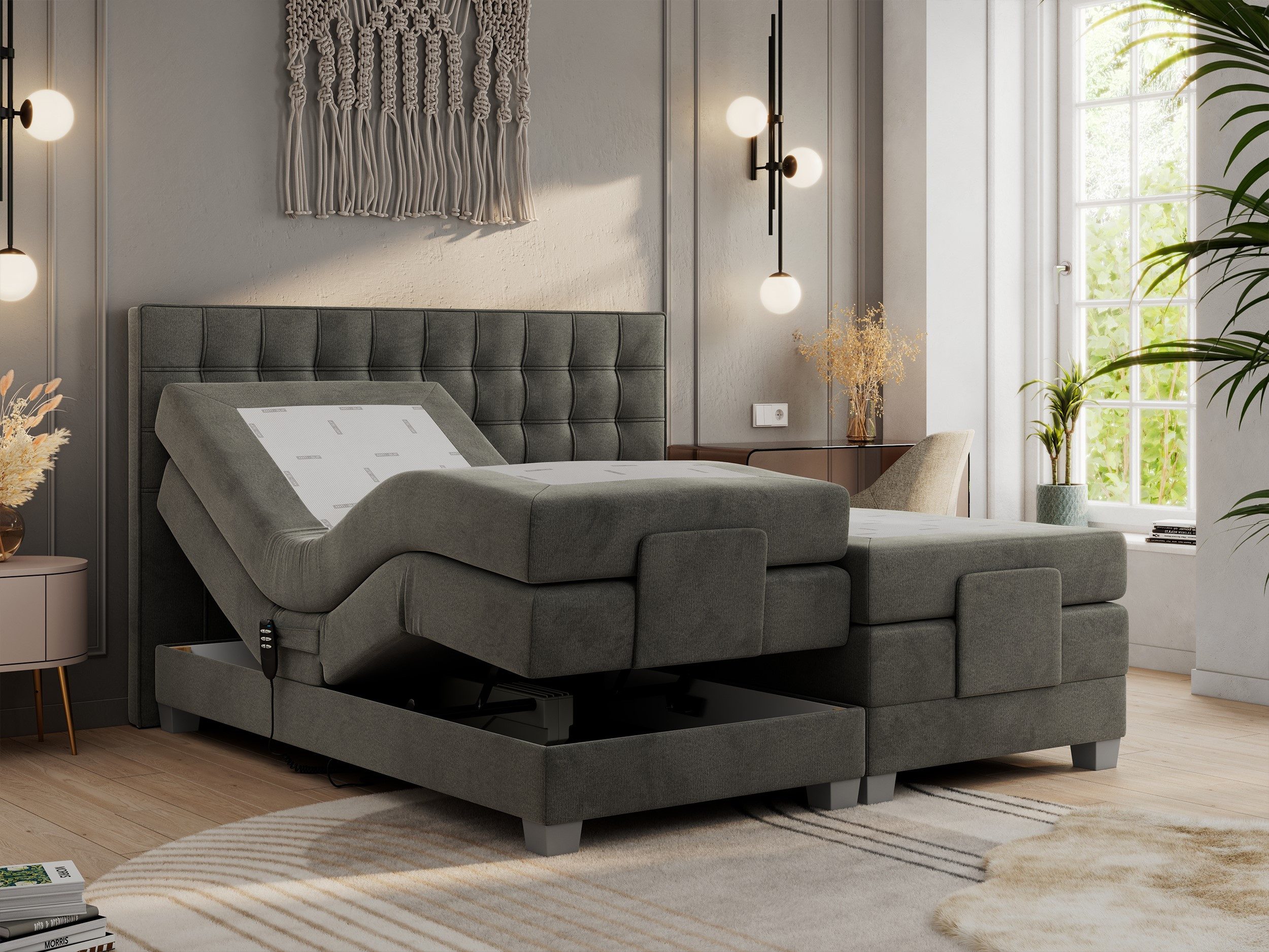 MKS MÖBEL Boxspringbett ELECTRO (Set, Packung, Multipocket-Matratzen, T30-Schaum, Elektrische Matratzenverstellung), Elektrisch verstellbare, Doppelbett mit Kopfteil, 3 Matratzen, Topper