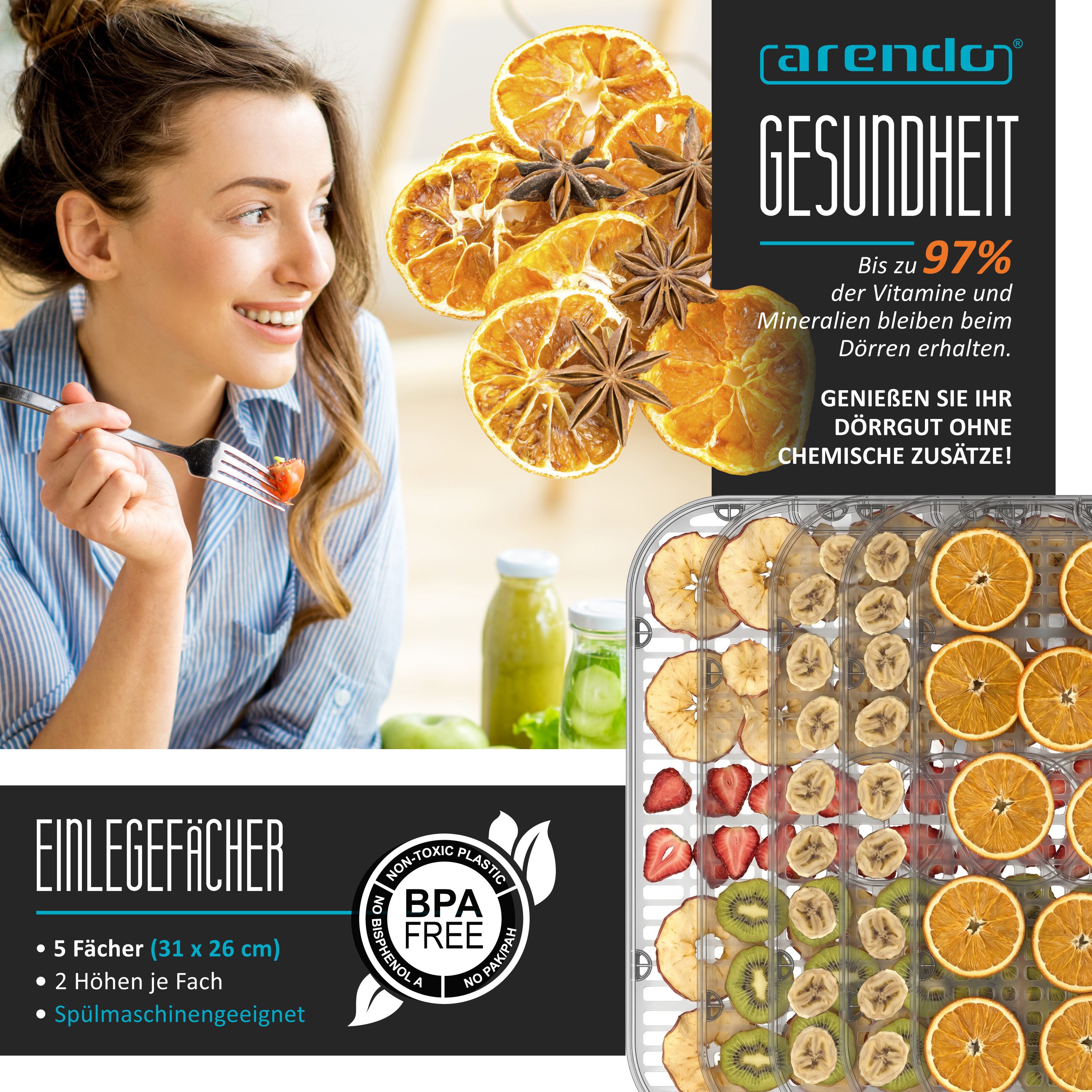 Arendo Dörrautomat mit Temperaturregler, 5 Etagen, 35-75°C, Edelstahl, Dörrgerät, Display 380 W, 5 Etagen, Timer 24h, BPA-frei, für Fleisch/Obst/Gemüse, 5 Einle – Bild 5 von 5