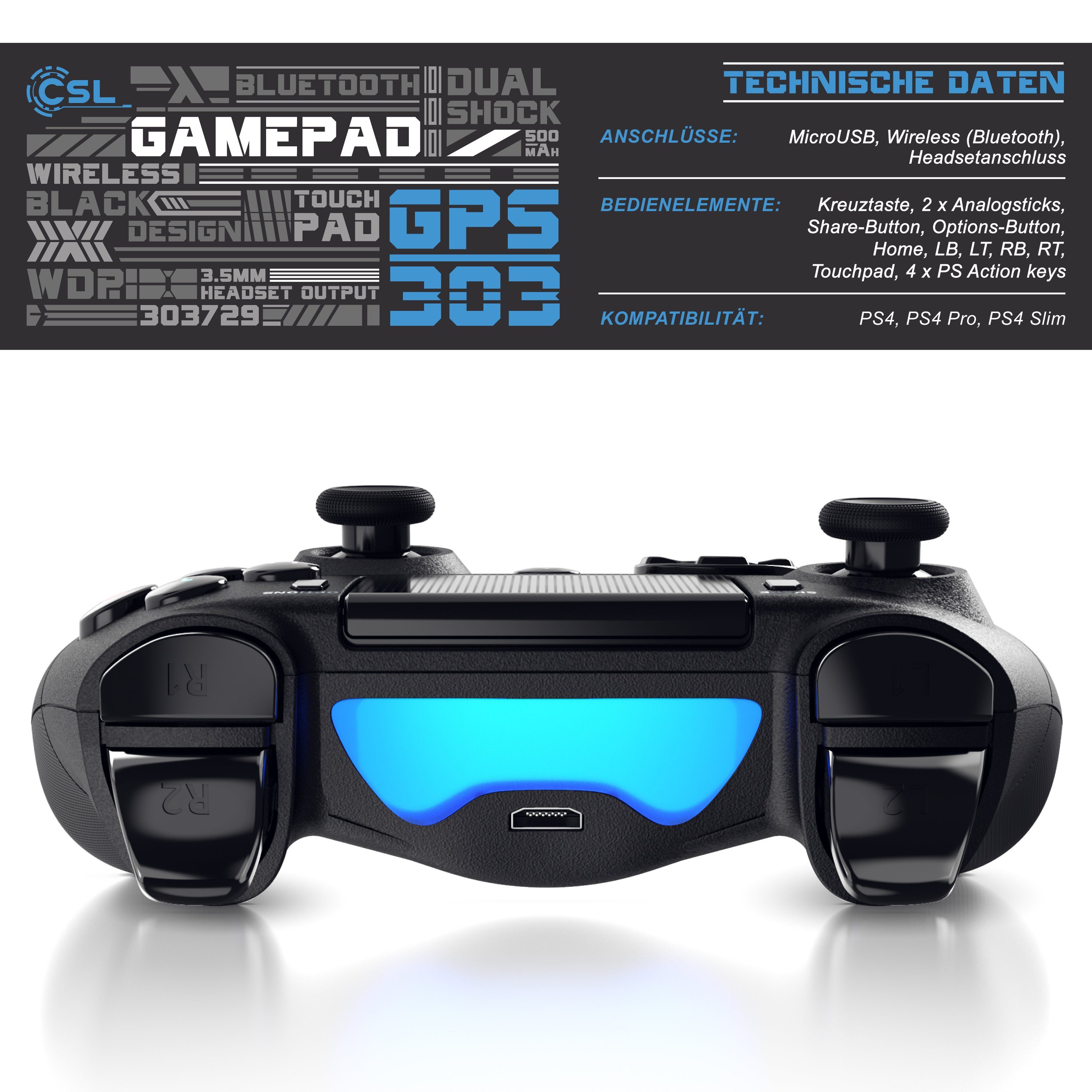 CSL PlayStation 4-Controller (1 Vibration, St., Gamepad Bluetooth für PS4, Touchpad, 3,5mm, Gyrosensor) Dual