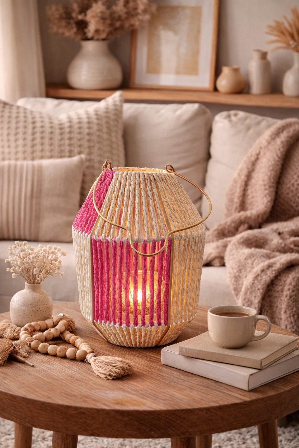 finehomegarden Kerzenlaterne Laterne mit Glas Einsatz natur/pink H25cm Glas Ø7,5cm H8cm Deko (1 St), Dekorative Gartenlaterne Tischlaterne für Kerzen Wohn- & Gartendeko