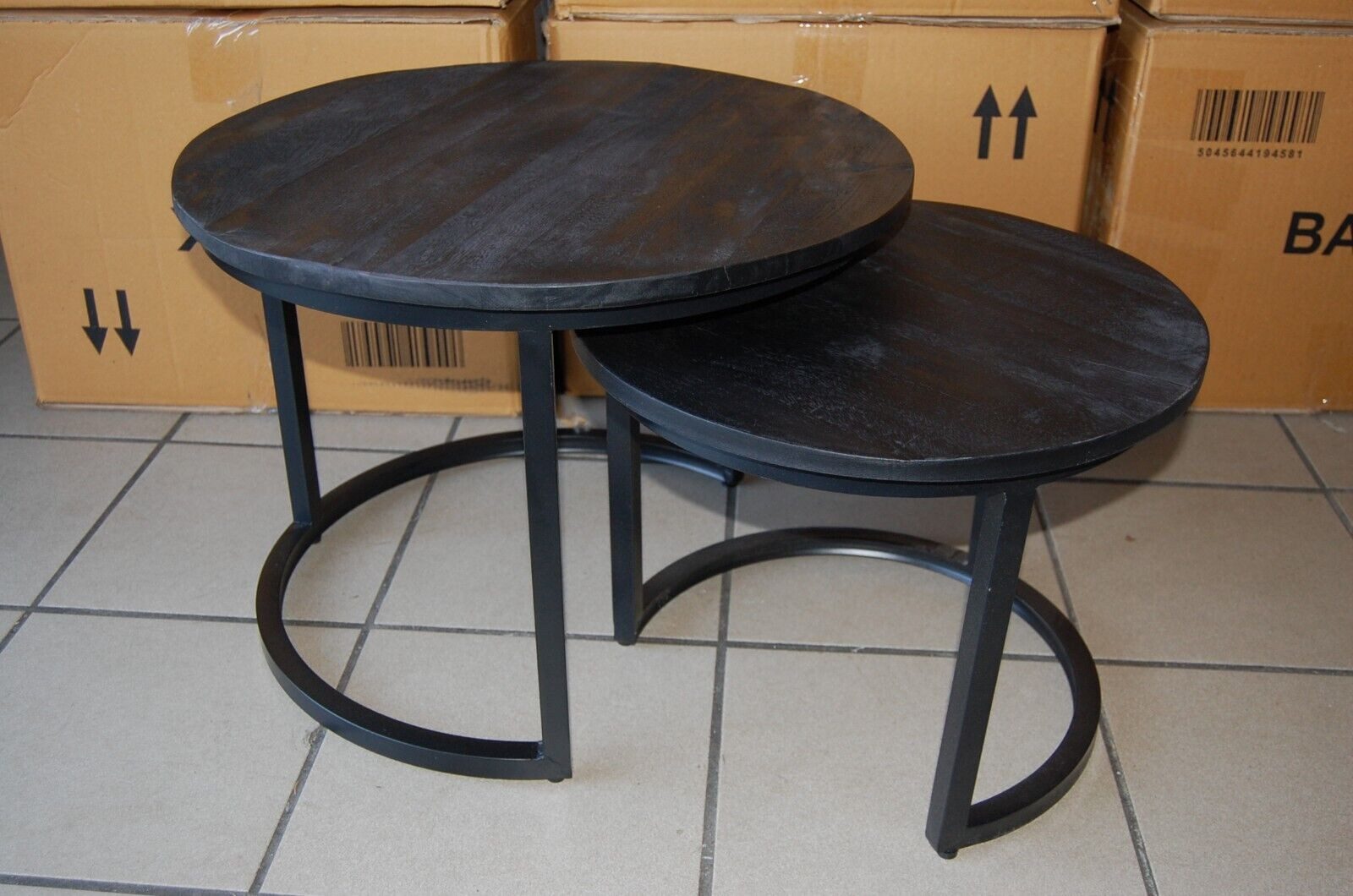 Couchtisch 2er Set Couchtische Arnheim Mangoholz Massiv rund Metall Satztische