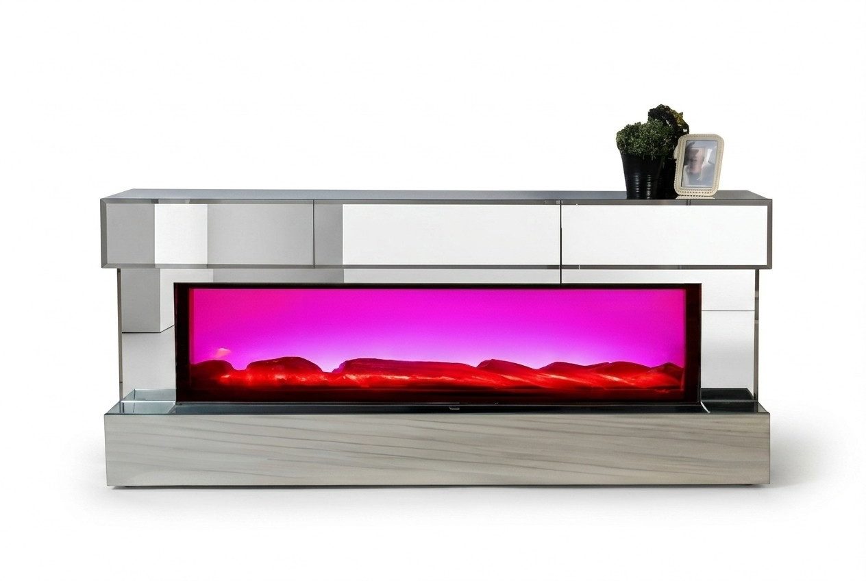 Xlmoebel Lowboard TV-Lowboard Hochglanz Silber mit Holzsockel und Kamin (1 St., 180 x 75 x 40 cm), Made in Europa