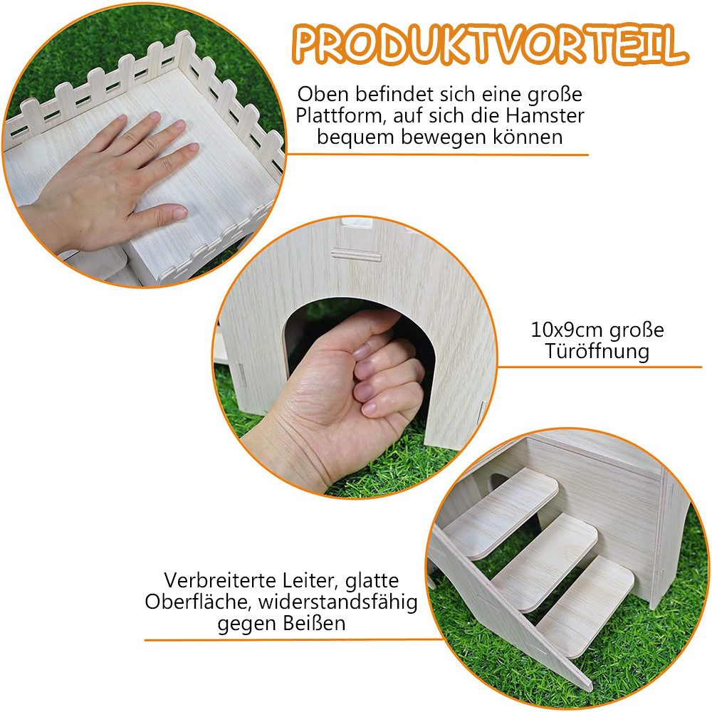 TUWENA Kleintierkäfig Hamster Haus Holz mit Leiter, Hamster Mehrkammerhaus Spielzeug Haus, Haus für Goldhamster, Zwerghamster, Rennmäuse, Degus, Zwei Eingänge