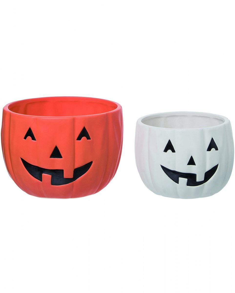 Horror-Shop Dekoobjekt Weiß & Orange Halloween Kürbis Keramikschüsseln 2e