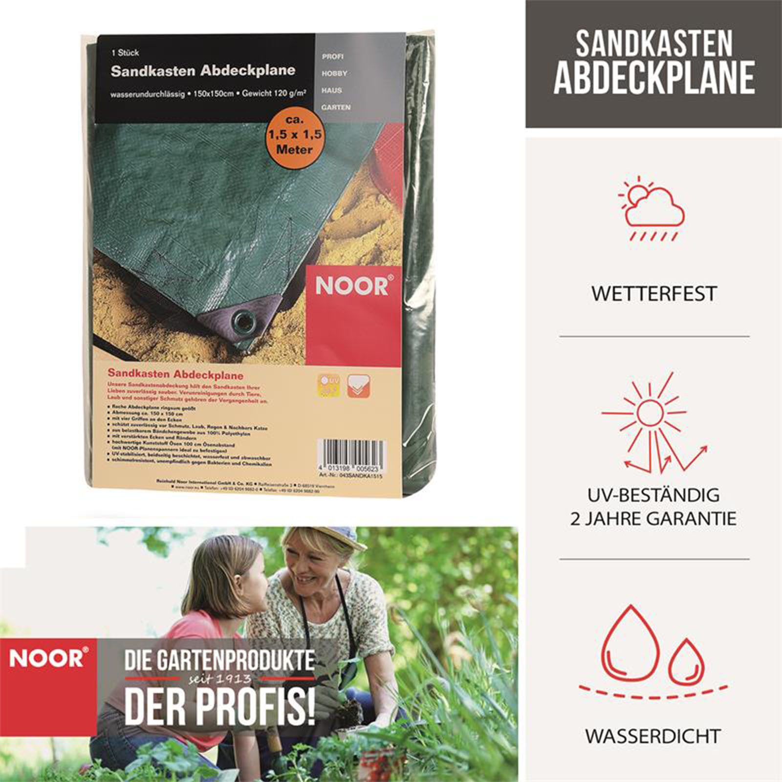 NOOR Sandkasten-Abdeckplane Abdeckung 1,5x1,5 m - Sandkastenplane mit verstärkten Ecken & Ösen, wetterfeste Sandkastenabdeckung gegen Laub, Regen, Wind & Tierkot