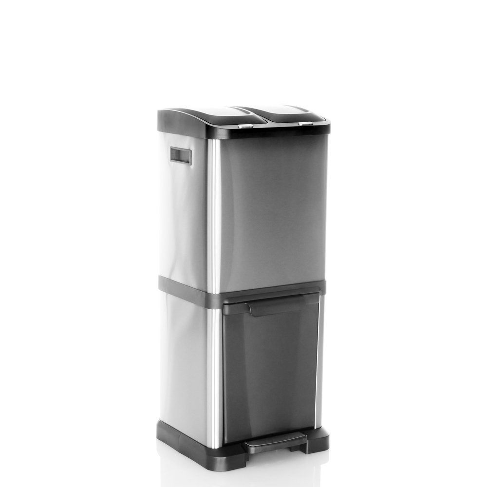 hjh OFFICE Mülleimer Mülleimer CLEAN VII Stahlblech, 32 Liter, Mülltrennsystem Küche mit 3 Fächern (2 x 8L, 1 x 16L)