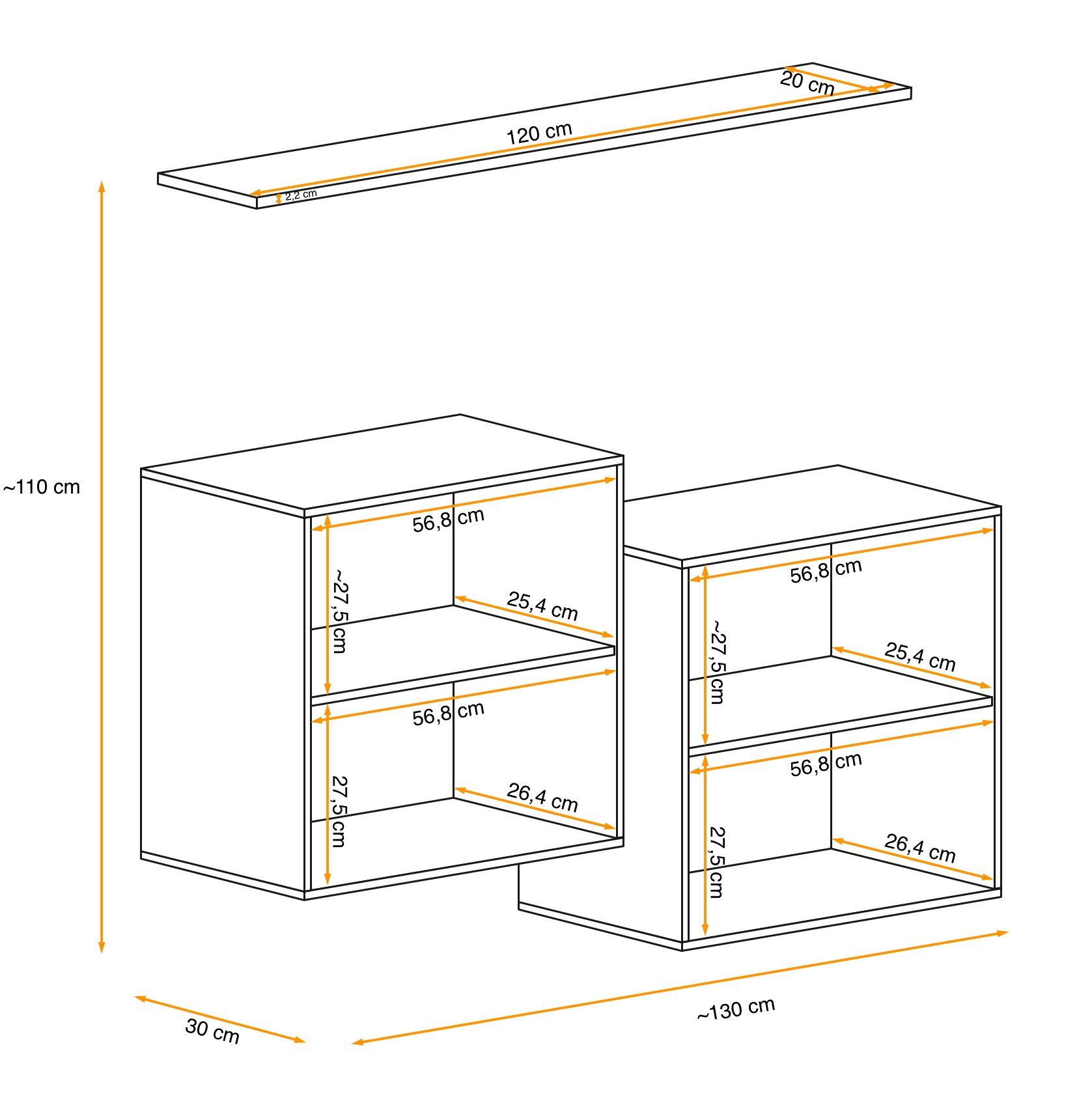 Wotan SB1 Wohnzimmer-Set), Push-to-Open (3 bestehend Swotch St), (Set Wohnwand Stylefy hängend, 2×Wandschrank, Graphit L, aus - 1×Wandboard, mit Eiche