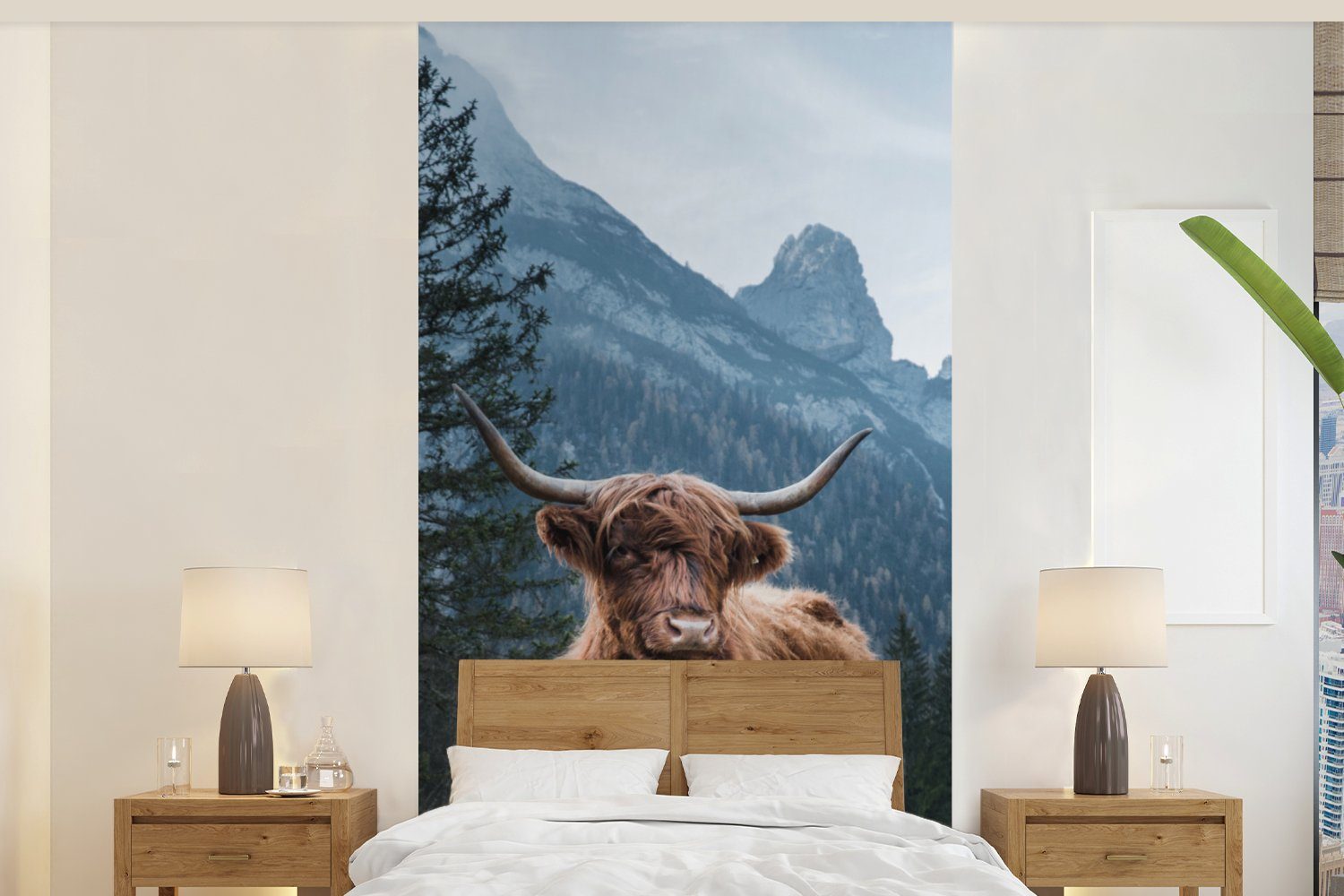 MuchoWow Fototapete Schottische Highlander - Tiere - Landschaft, Matt, bedruckt, (2 St), Vliestapete für Wohnzimmer Schlafzimmer Küche, Fototapete