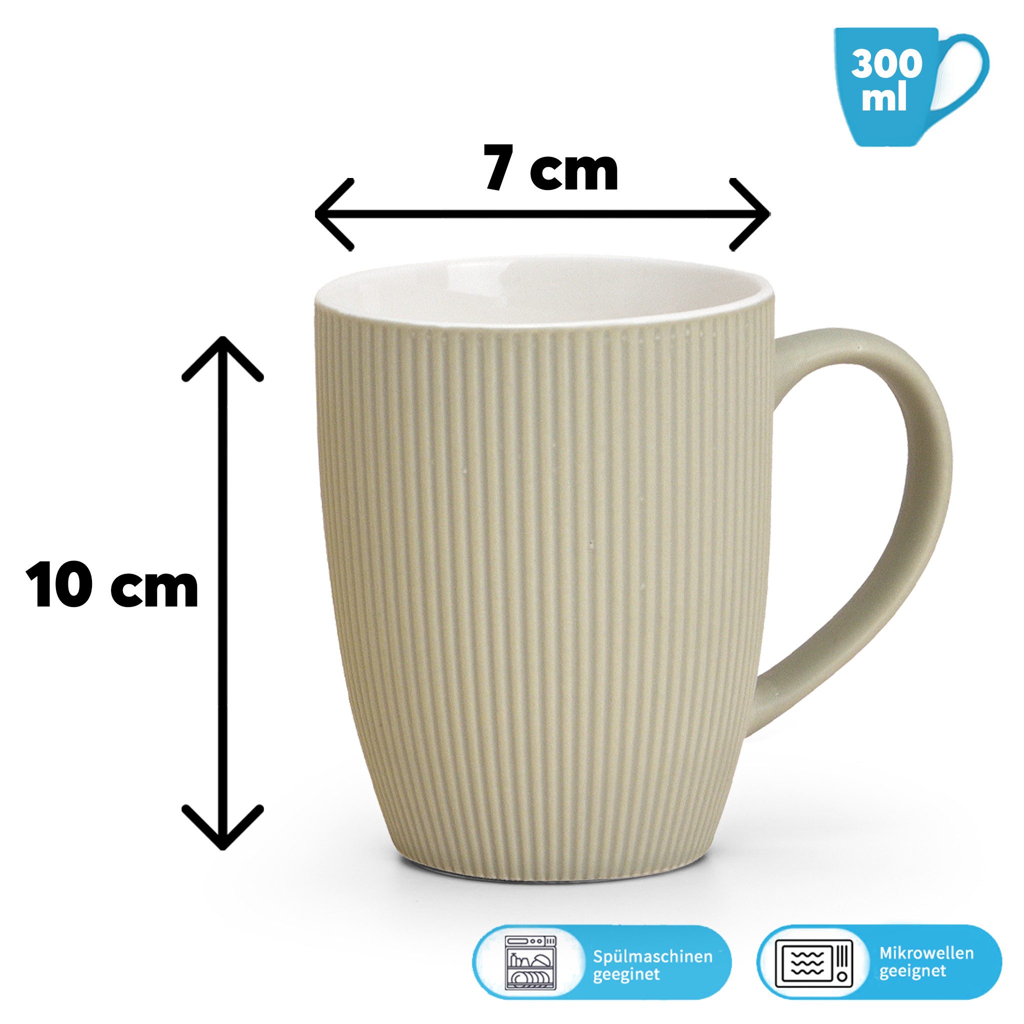 matches21 HOME & HOBBY Tasse Kaffeetassen 4er Set einfarbig gerippt Pastellfarben Rillen, 4-tlg., Keramik, Tee Kaffee-Becher, modern, orange beige creme grün, 300 ml