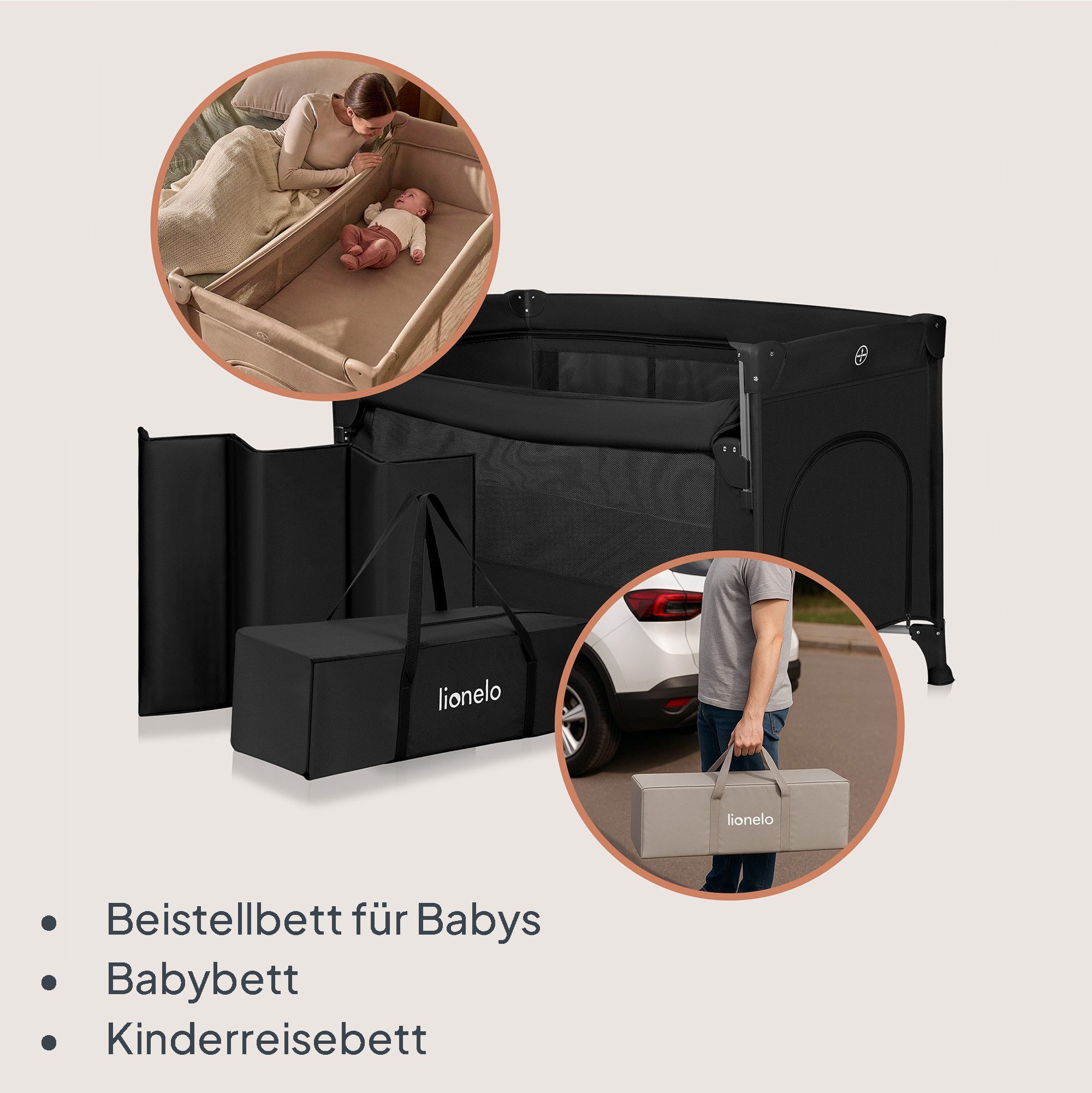 lionelo Reisebett ELLEN (Set, Set mit Matratze, Organizer und Transporttasche) 0-36 Monaten/Zusatzbett-Funktion/Seitlicher Eingang/Matratze