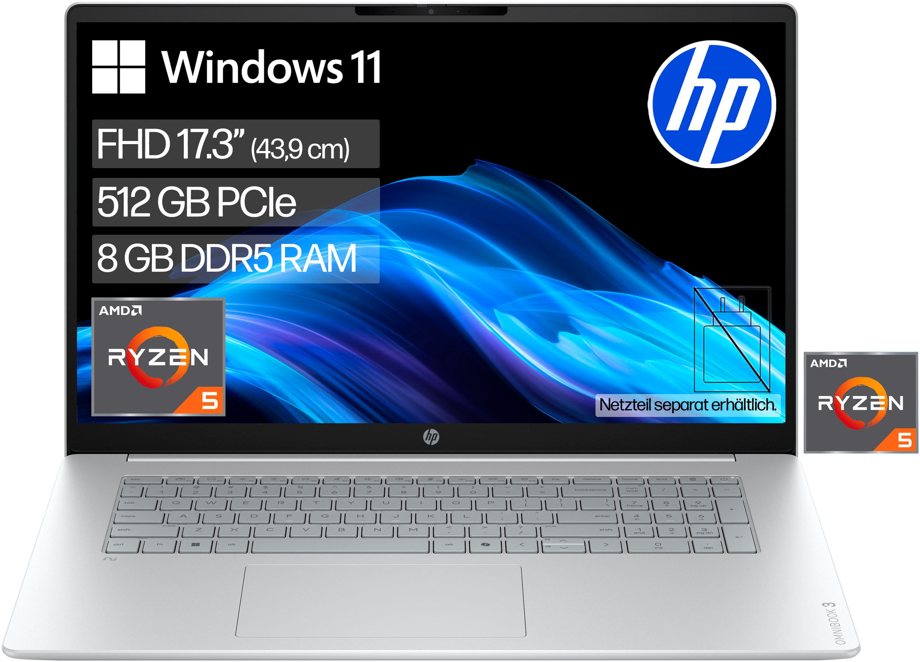 HP OmniBook 3 17-dp0256ngx Notebook (43,9 cm/17,3 Zoll, AMD Ryzen 5 7520U, Radeon™ 610M, 8 GB, 512 GB SSD)