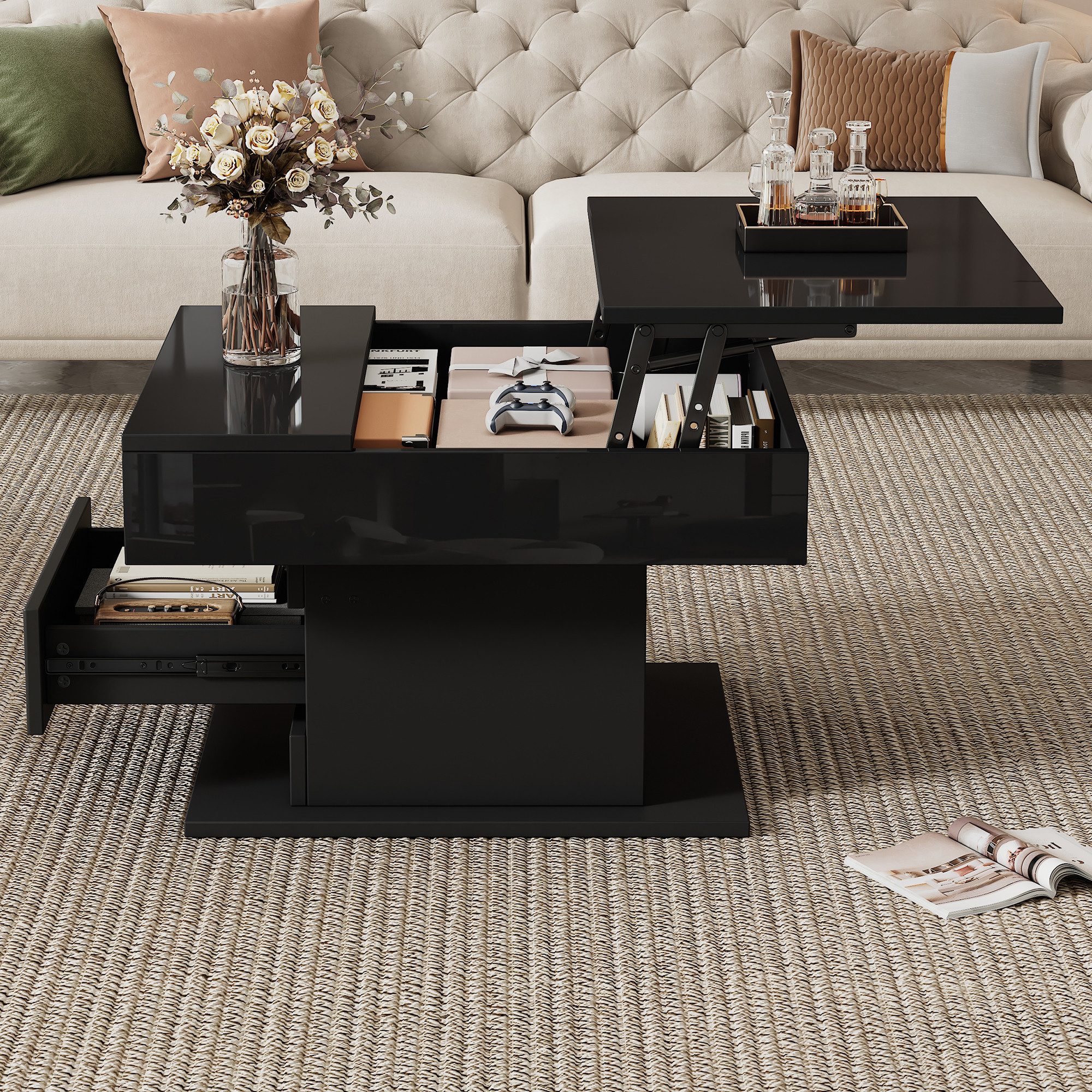 Merax Couchtisch hochglanz Sofatisch 360° drehbar höhenverstellbar Beistell günstig online kaufen