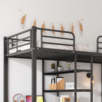 Flieks Etagenbett, Metallbett Kinderbett 90x200cm mit Leiter, Schreibtisch und Regalen